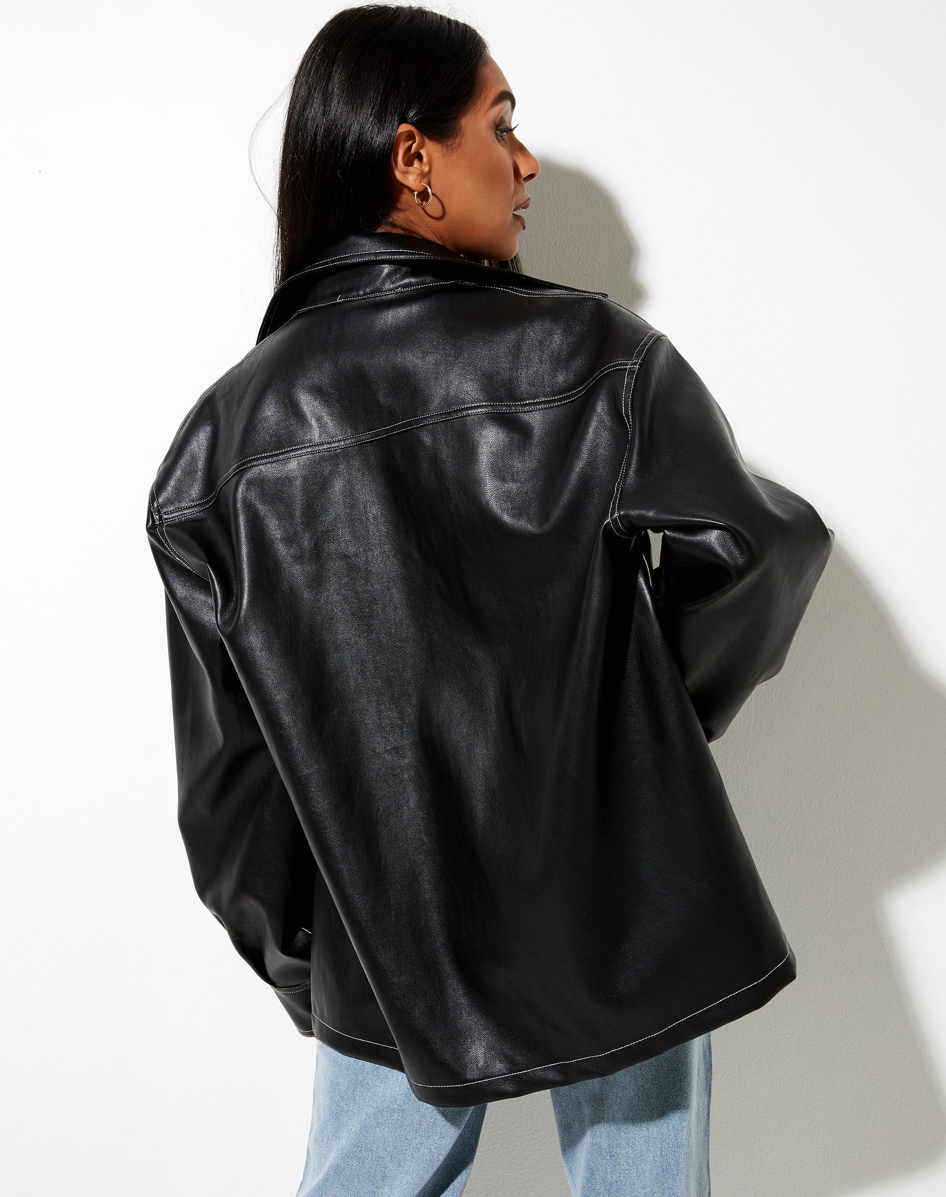 Image of Lumberjack Shirt in PU Black with White Stitch