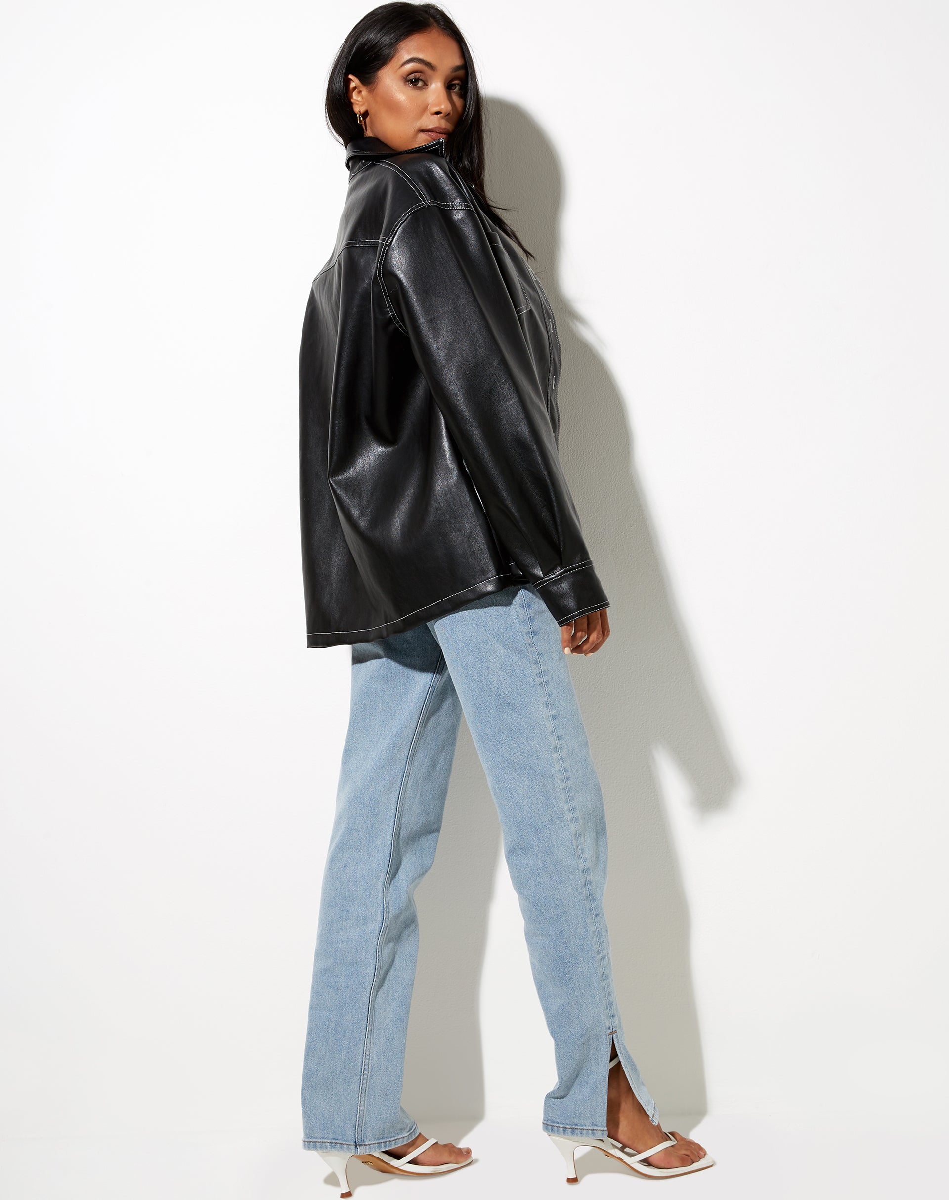 Image of Lumberjack Shirt in PU Black with White Stitch