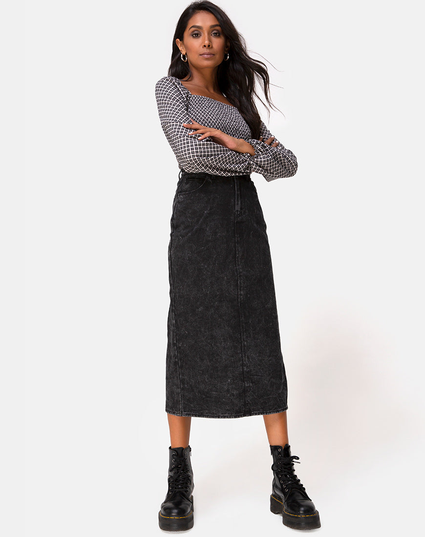 Lyra Midi Skirt in Black Stone Wash