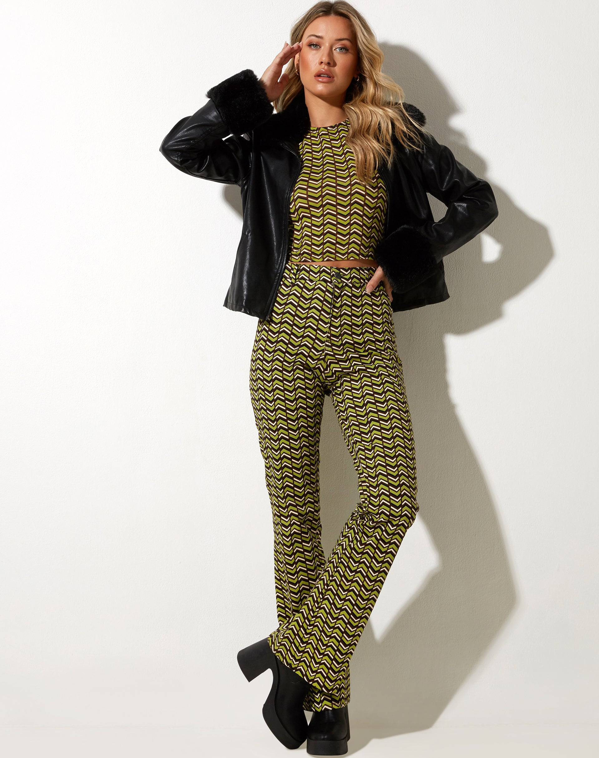 image of Zoven Flare Trouser in Chevron Green