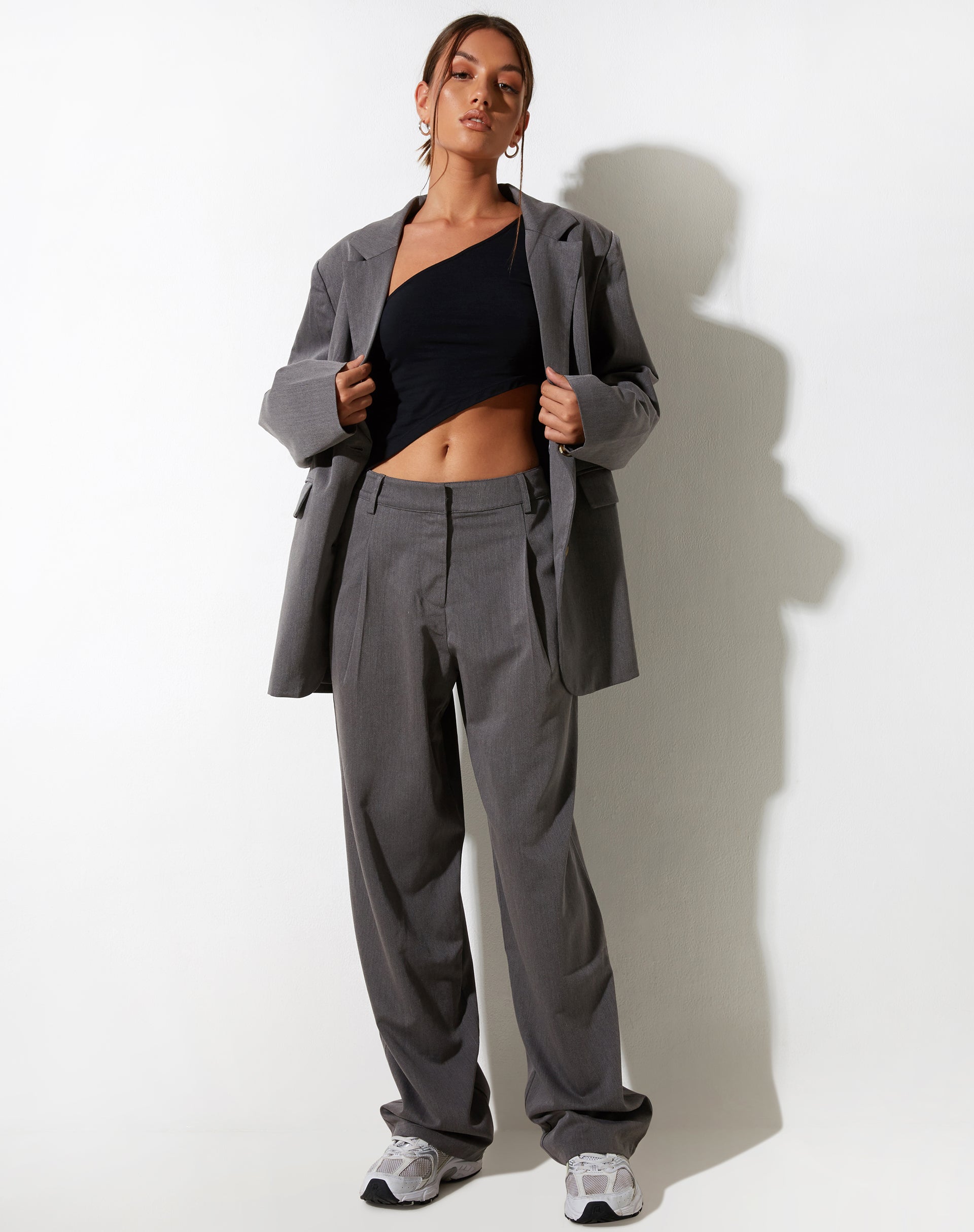 Dark Grey High Waisted Zip Fastening Wide Leg Trousers Sakaria