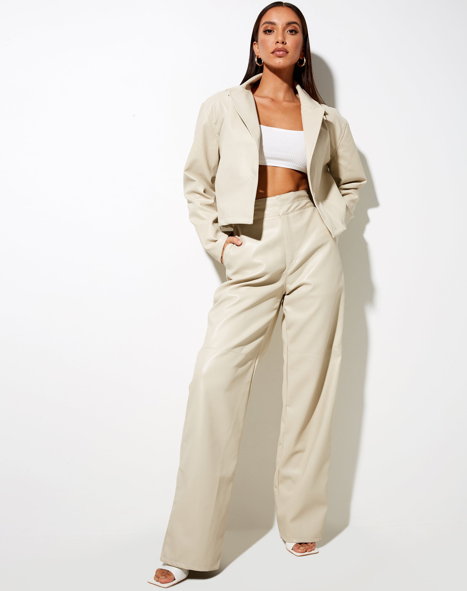 Image of Yeria Wide Leg Trouser in PU Ecru