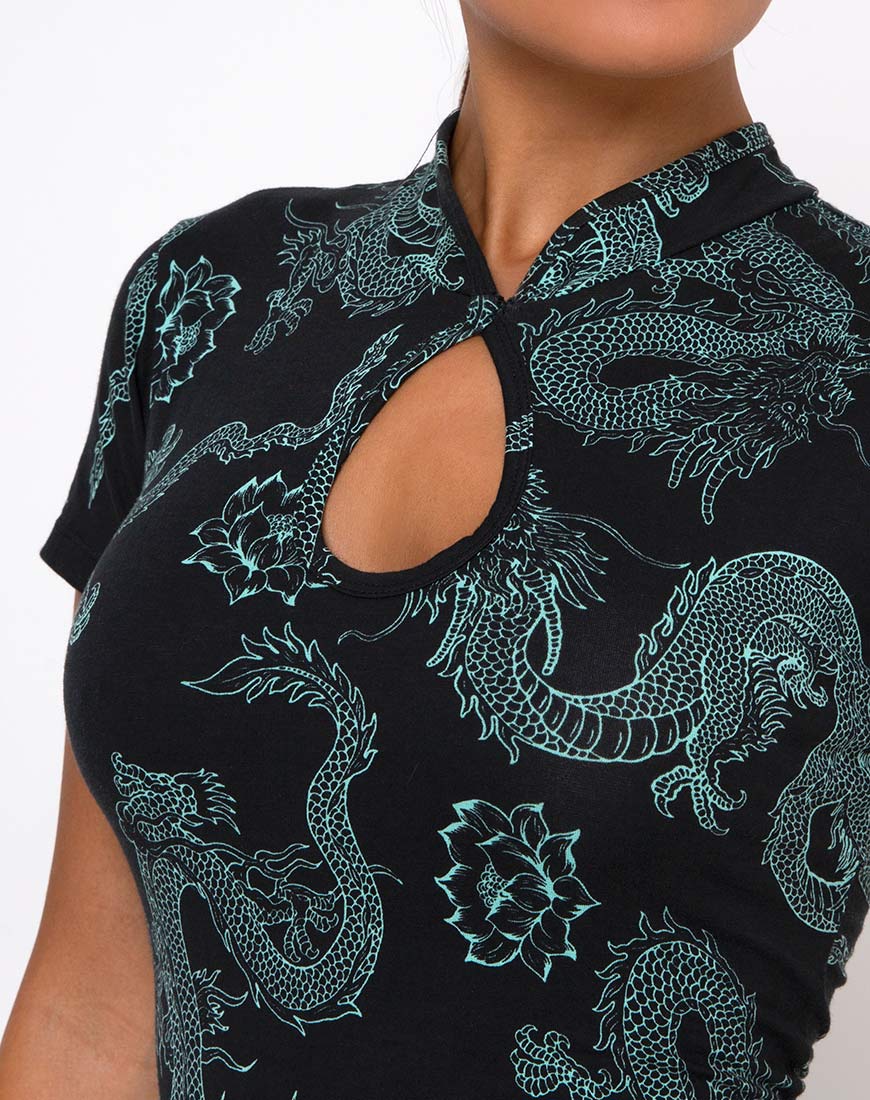 slim fit dress slacks Black and Green Mini Dress Dragon Black Key-hole