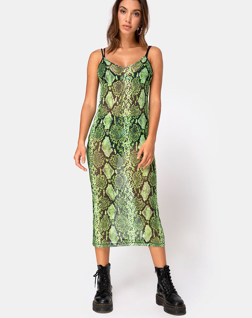 Image of Midnight Midi Dress in Slime Lime Snake Mesh