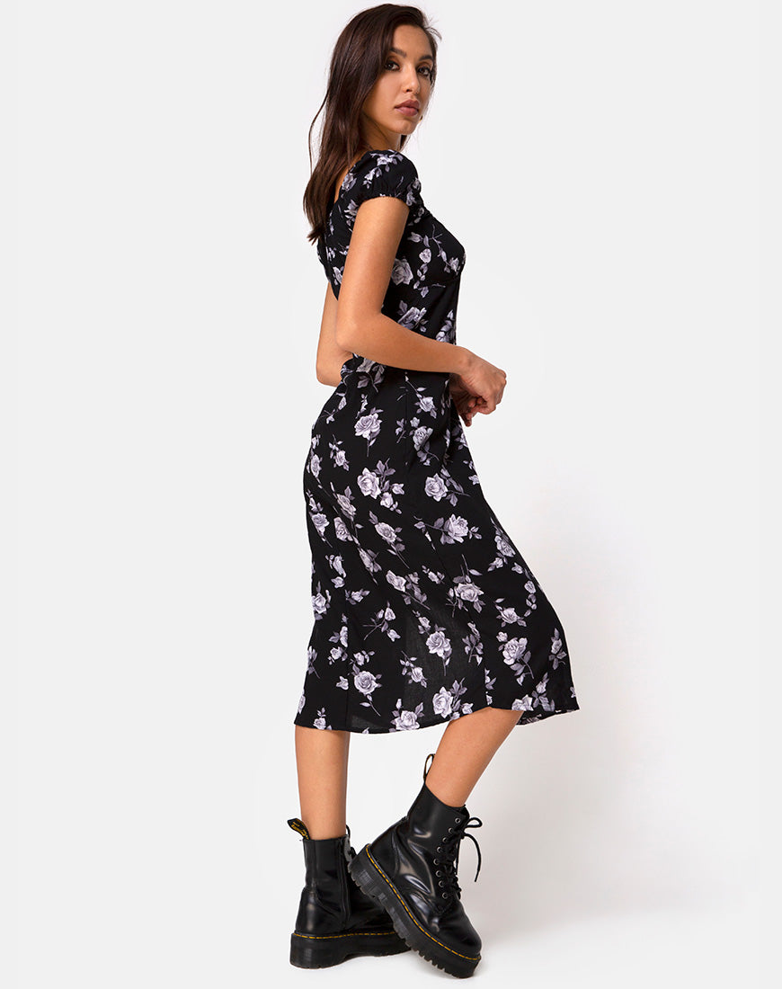 Midi Floral White Black Dress Milla