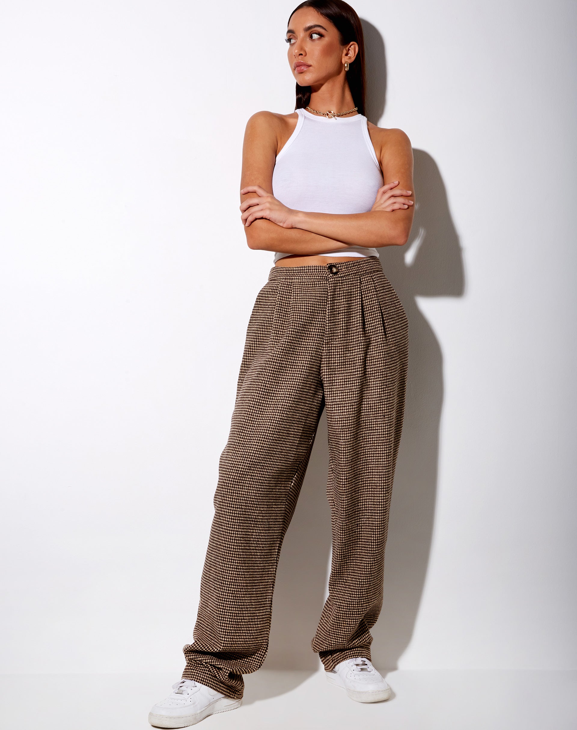 Image of Misha Wide Leg Trouser in Houndstooth Brown