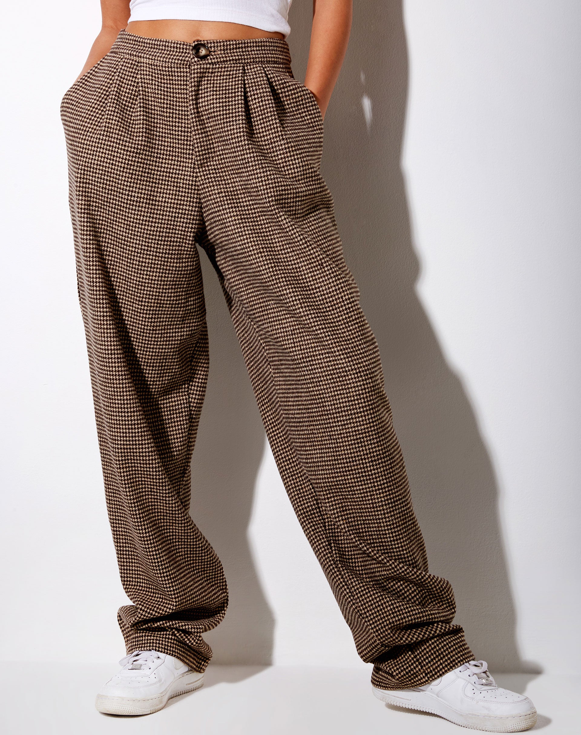 Image of Misha Wide Leg Trouser in Houndstooth Brown