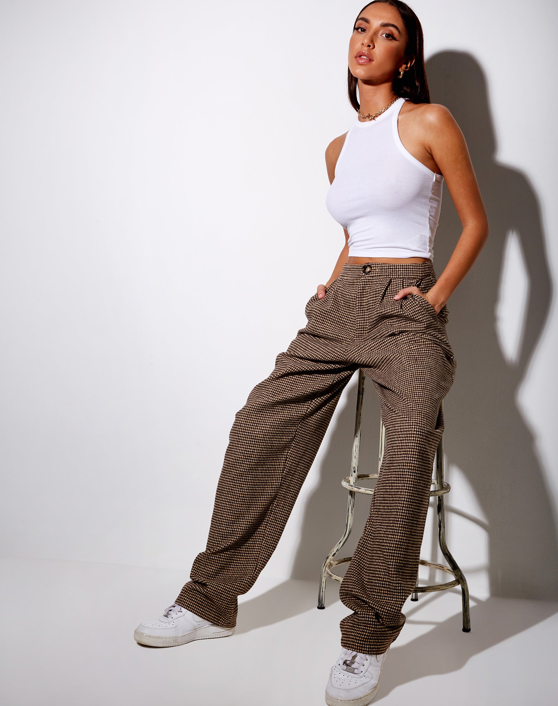 Image of Misha Wide Leg Trouser in Houndstooth Brown