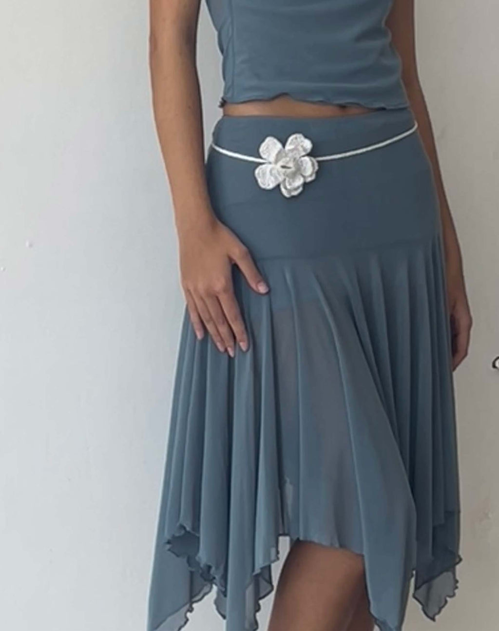 Jovali Low Waist Midi Skirt in Blue Grey Mesh
