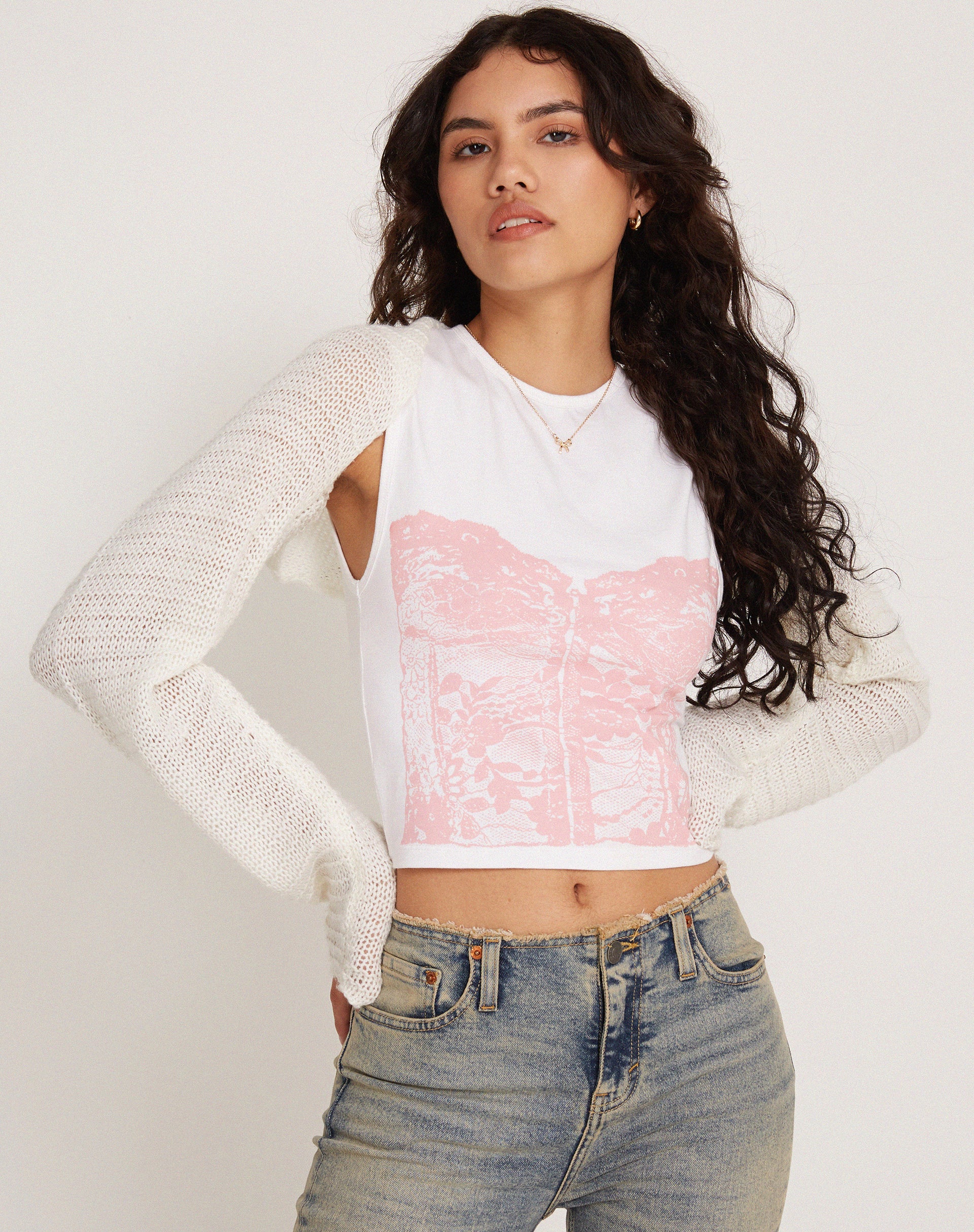 Image of Monlo Vest Top in White Pink Corset Print