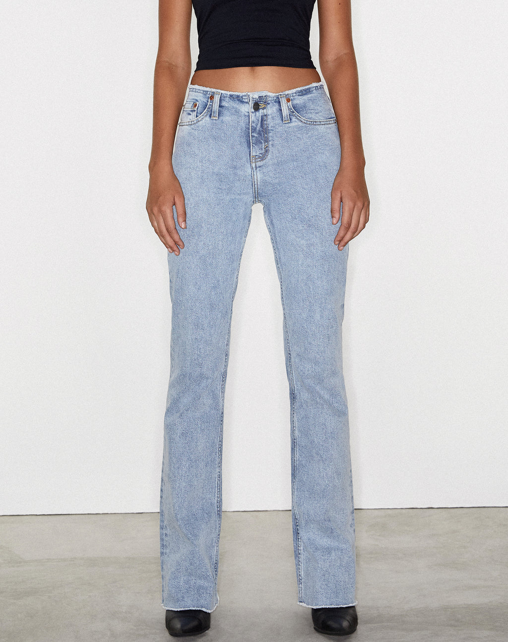 Frayed Low Rise Jeans in Light Wash Blue