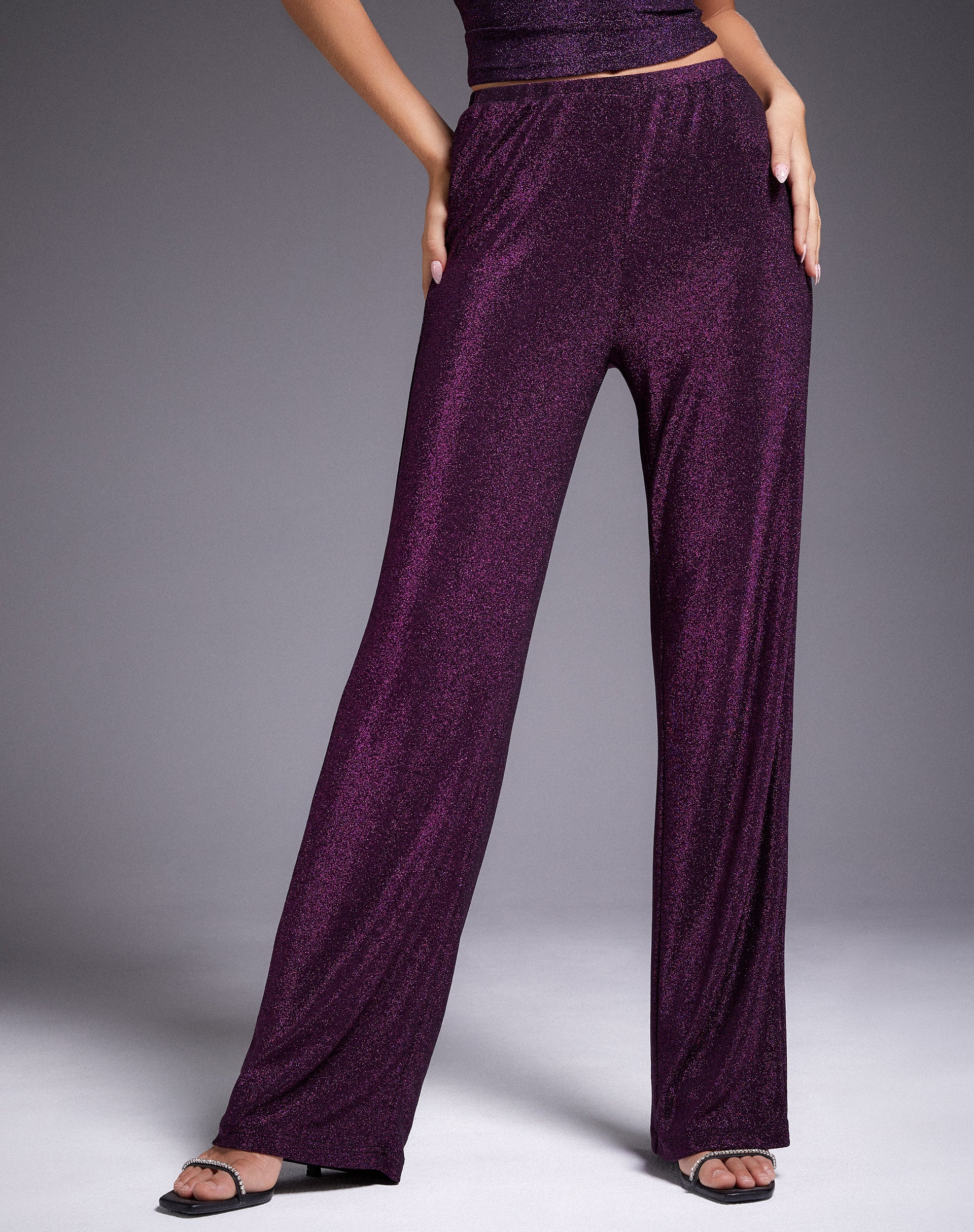 Image of Niran Wide Leg Trouser in Slinky Glitter Dark Purple