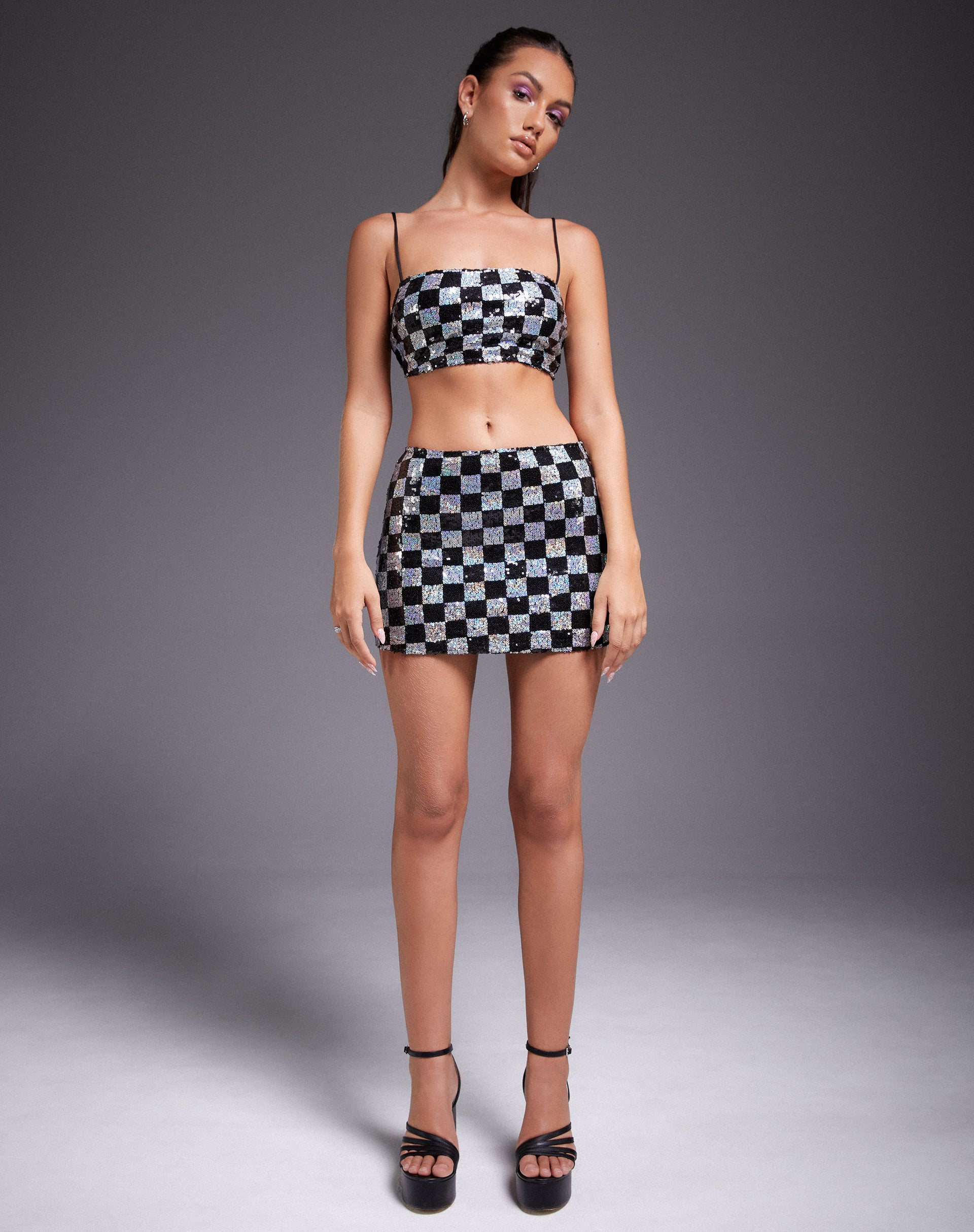 Image of Sazip Mini Skirt in Checkerboard Sequin Black and Silver