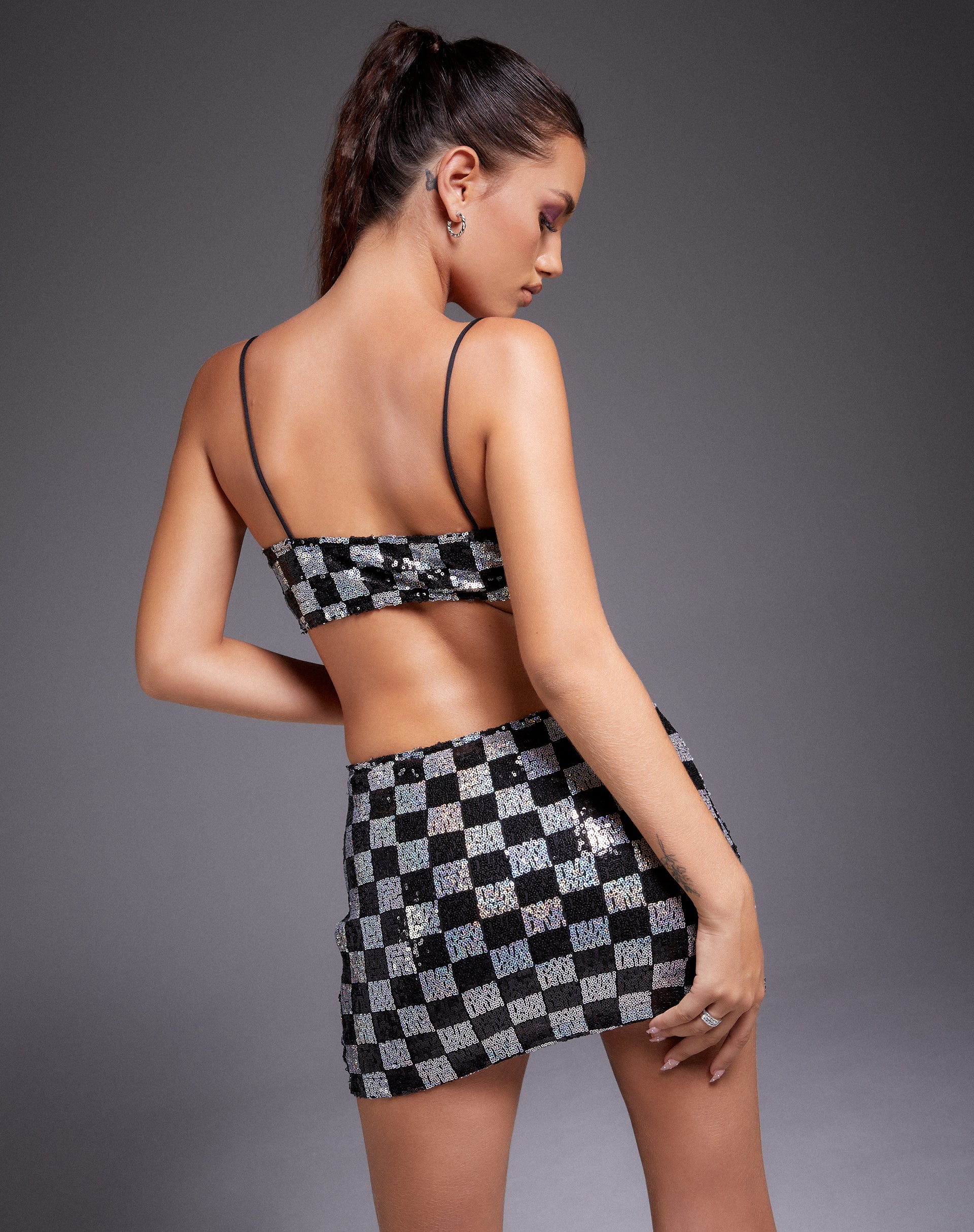 Image of Sazip Mini Skirt in Checkerboard Sequin Black and Silver