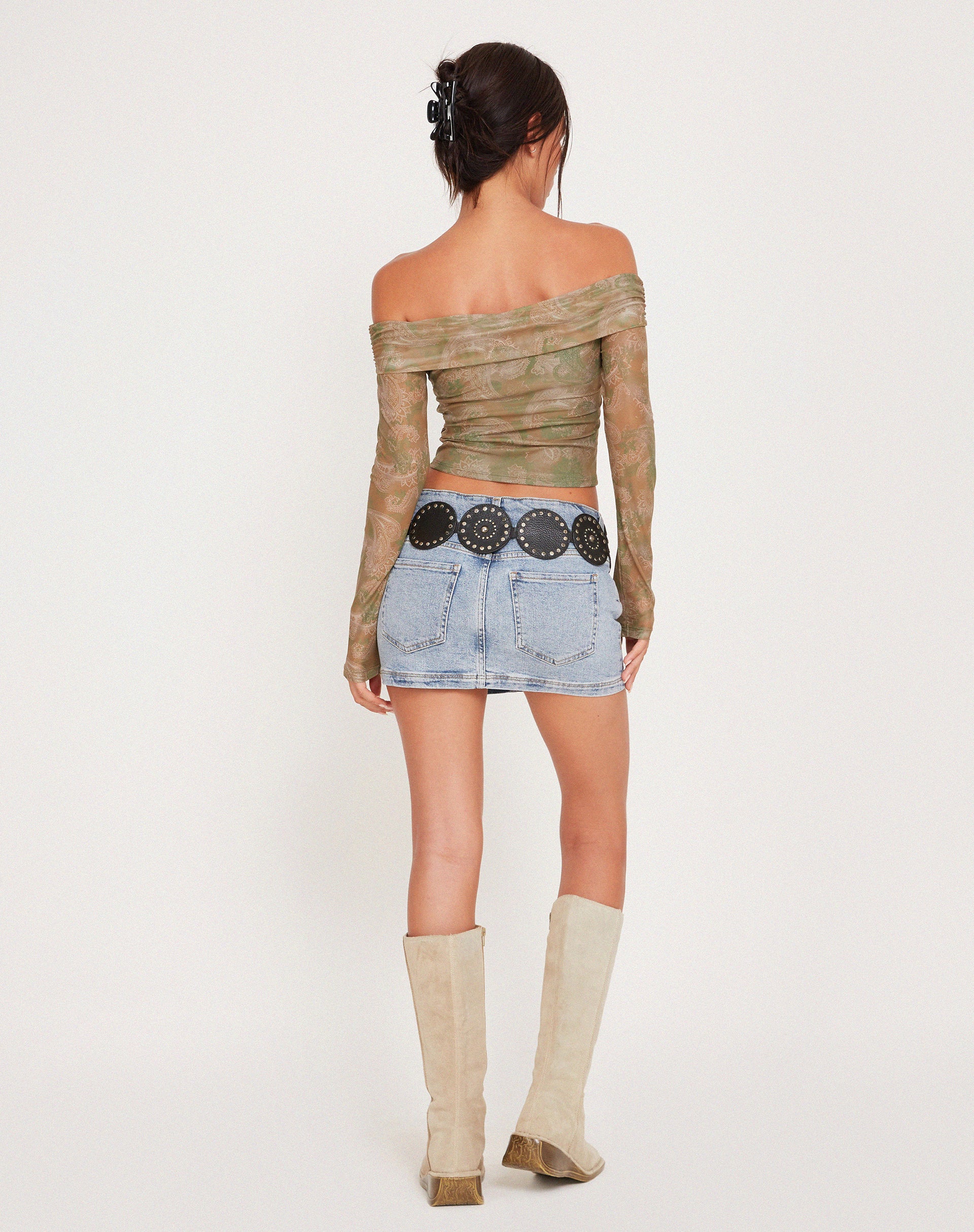 Image of Nagini Long Sleeve Bardot Top in Tonal Paisley Green