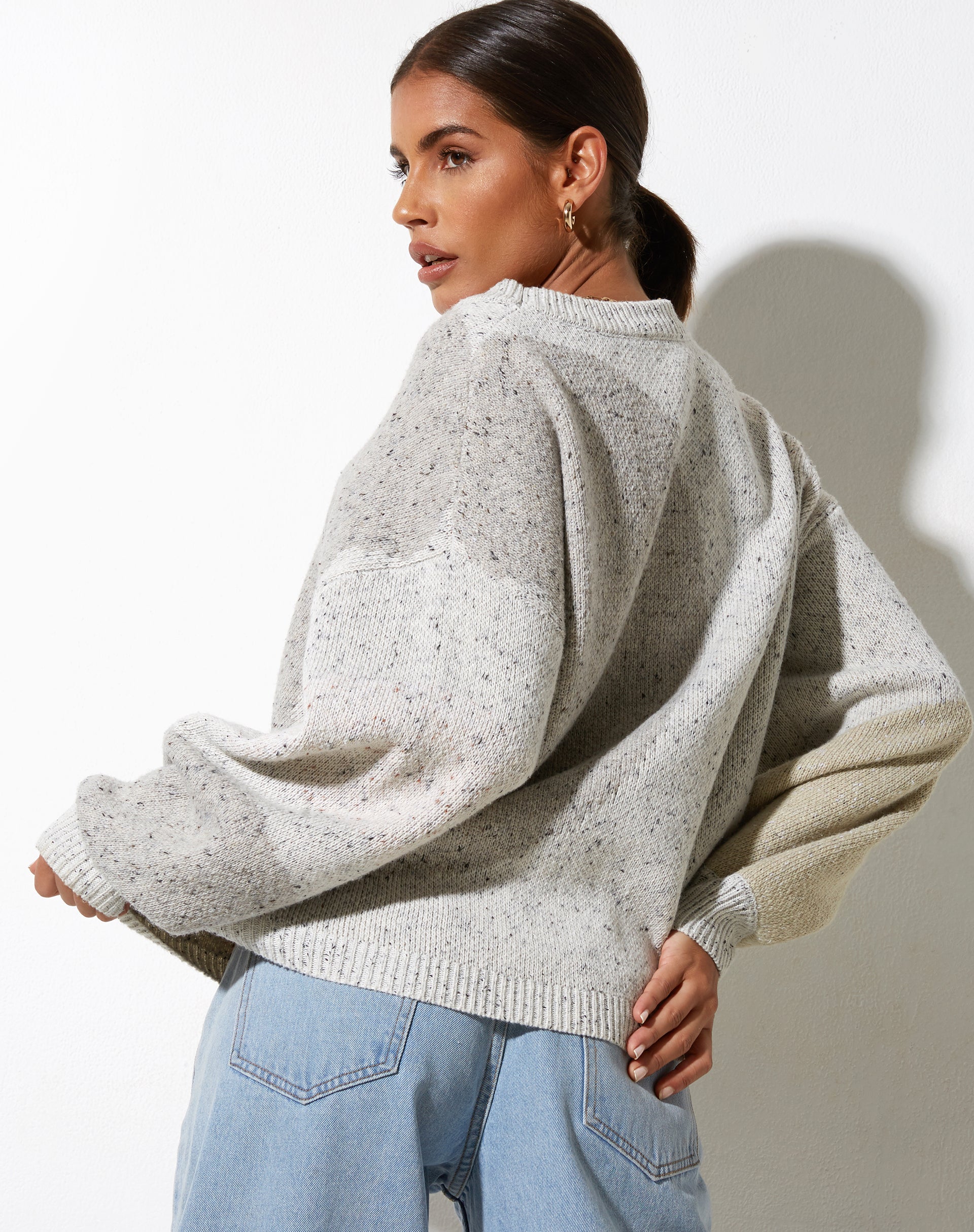 image of Namari Jumper in Abstract Splodge Beige, Purple and Olive