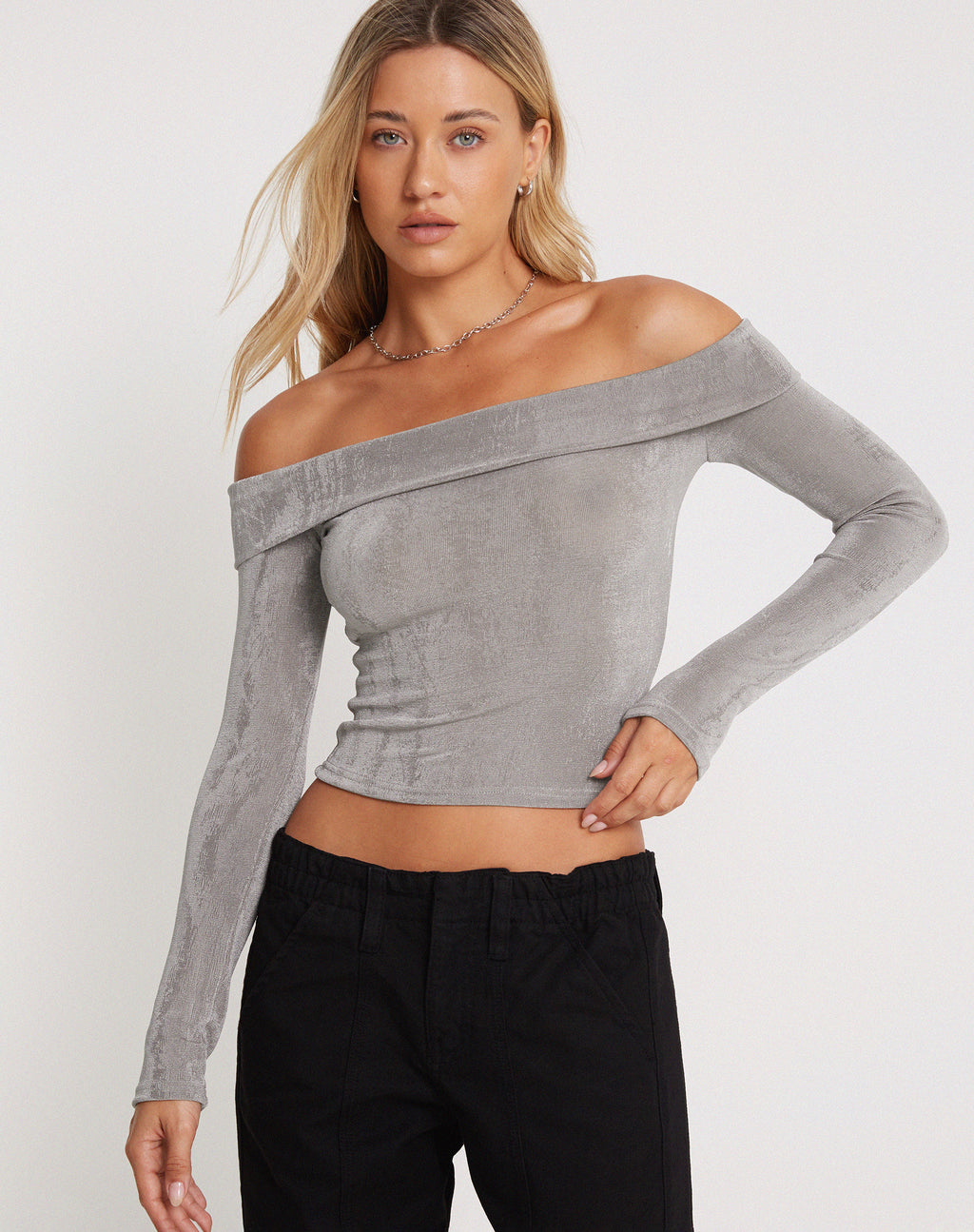 Womens - Ashby Long Sleeve Lace Hem Top in Soft Grey Marl