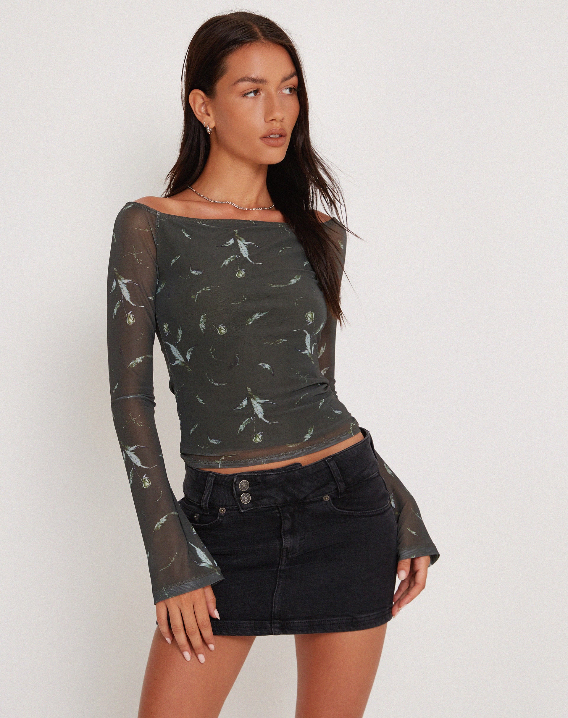 Image of Neira Long Sleeve Mesh Bardot Top in Floral Khaki Silhouette
