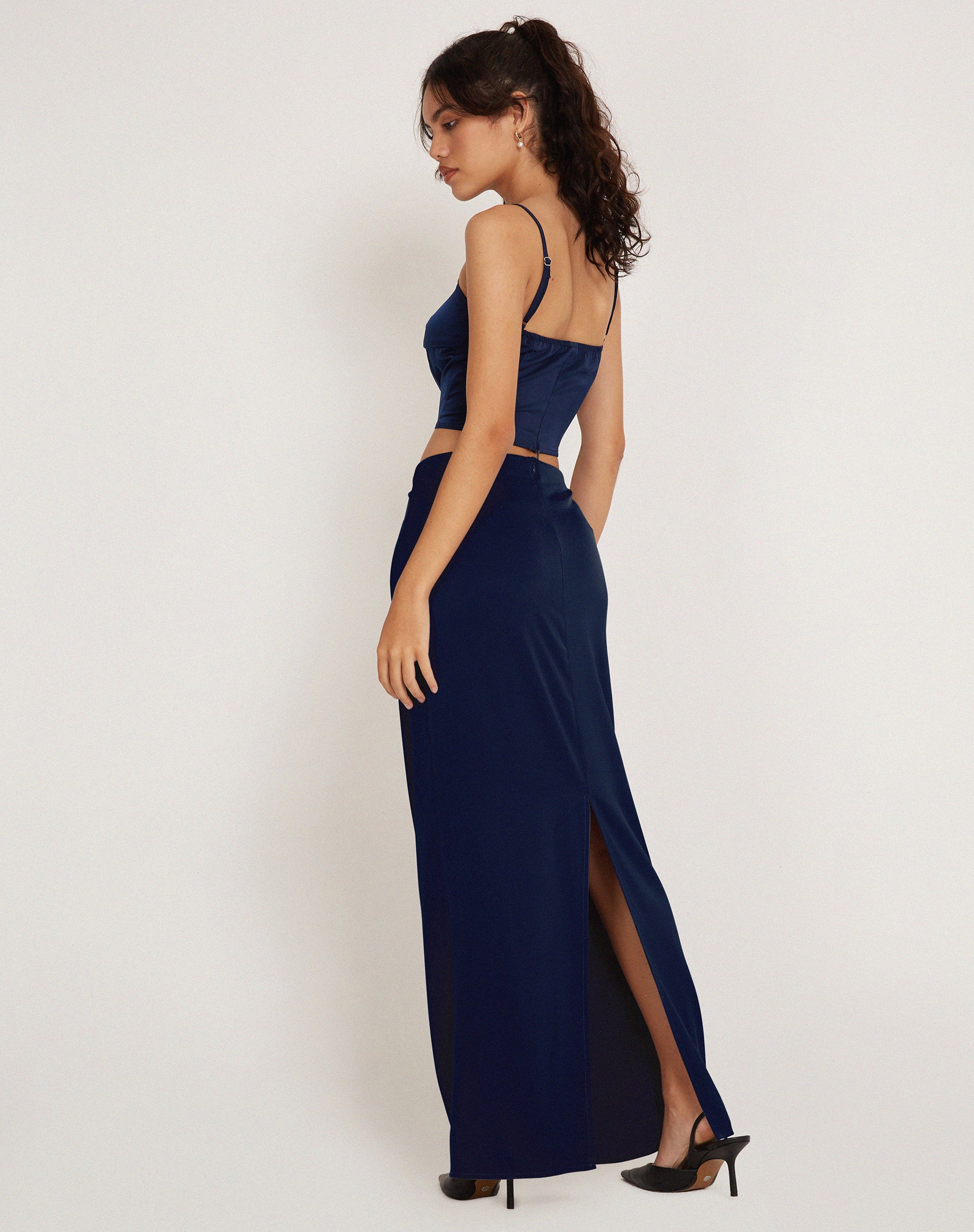 Midnight Navy Blue Satin Maxi Skirt Layla motelrocks