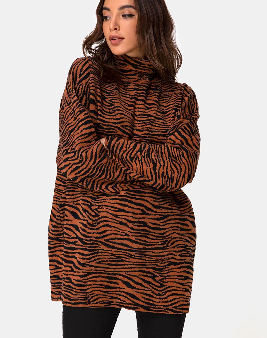 Image of Neivie Roll Neck Jumper in Tiger Knit Brown