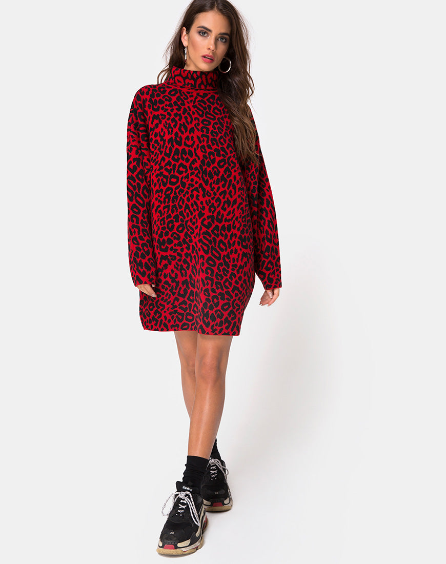 Image of Neivie Jumper Dress in Animal Knit Red