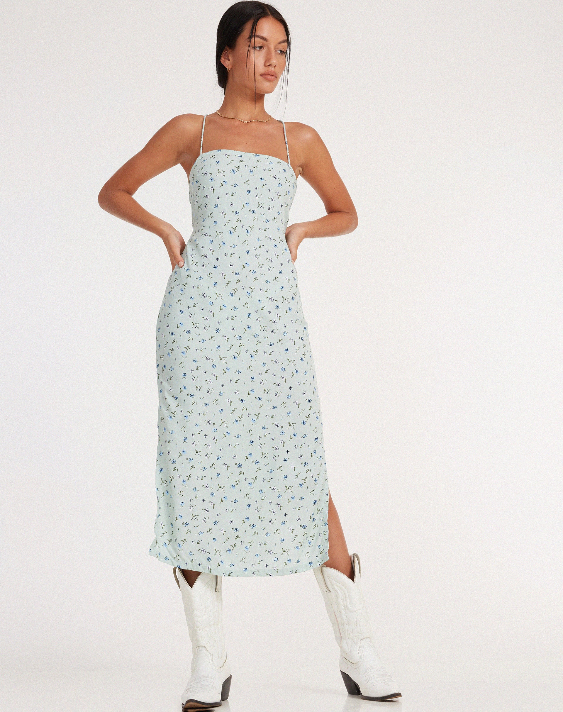 motel rocks floral midi dress Ayudia Bardot Midi Dress in Blue Floral Ditsy