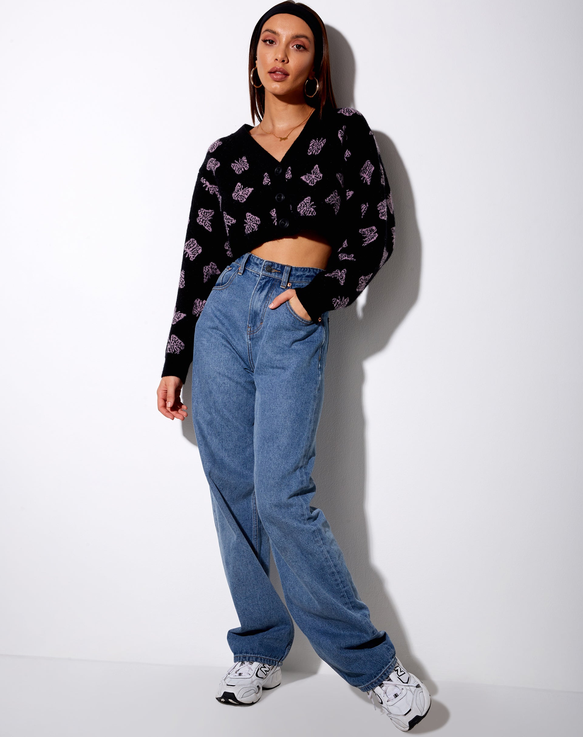 Image of Olina Cropped Cardigan in Black and Purple Butterfly