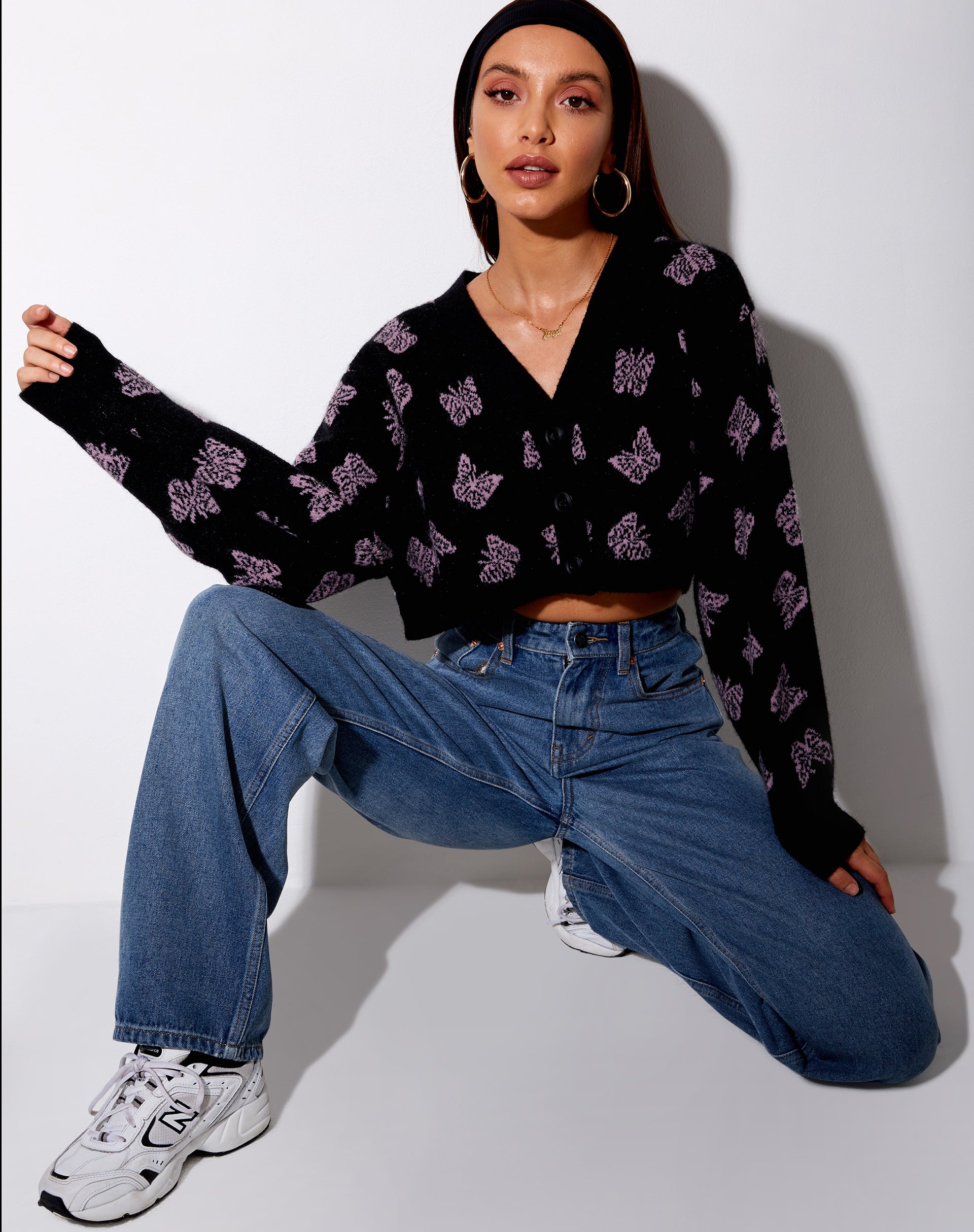 Image of Olina Cropped Cardigan in Black and Purple Butterfly