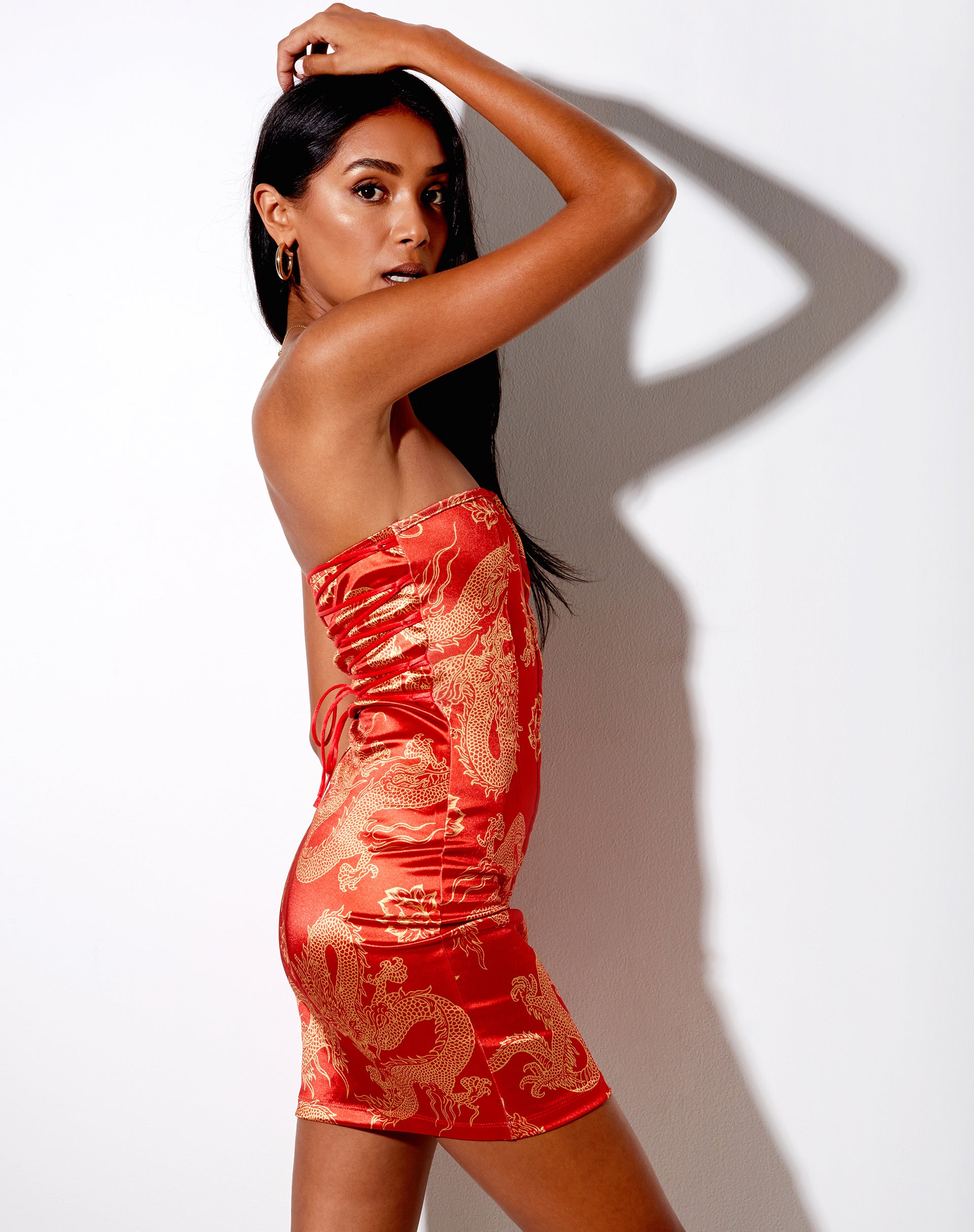 Image of Olya Bandeau Dress in Dragon Flower Red and Gold