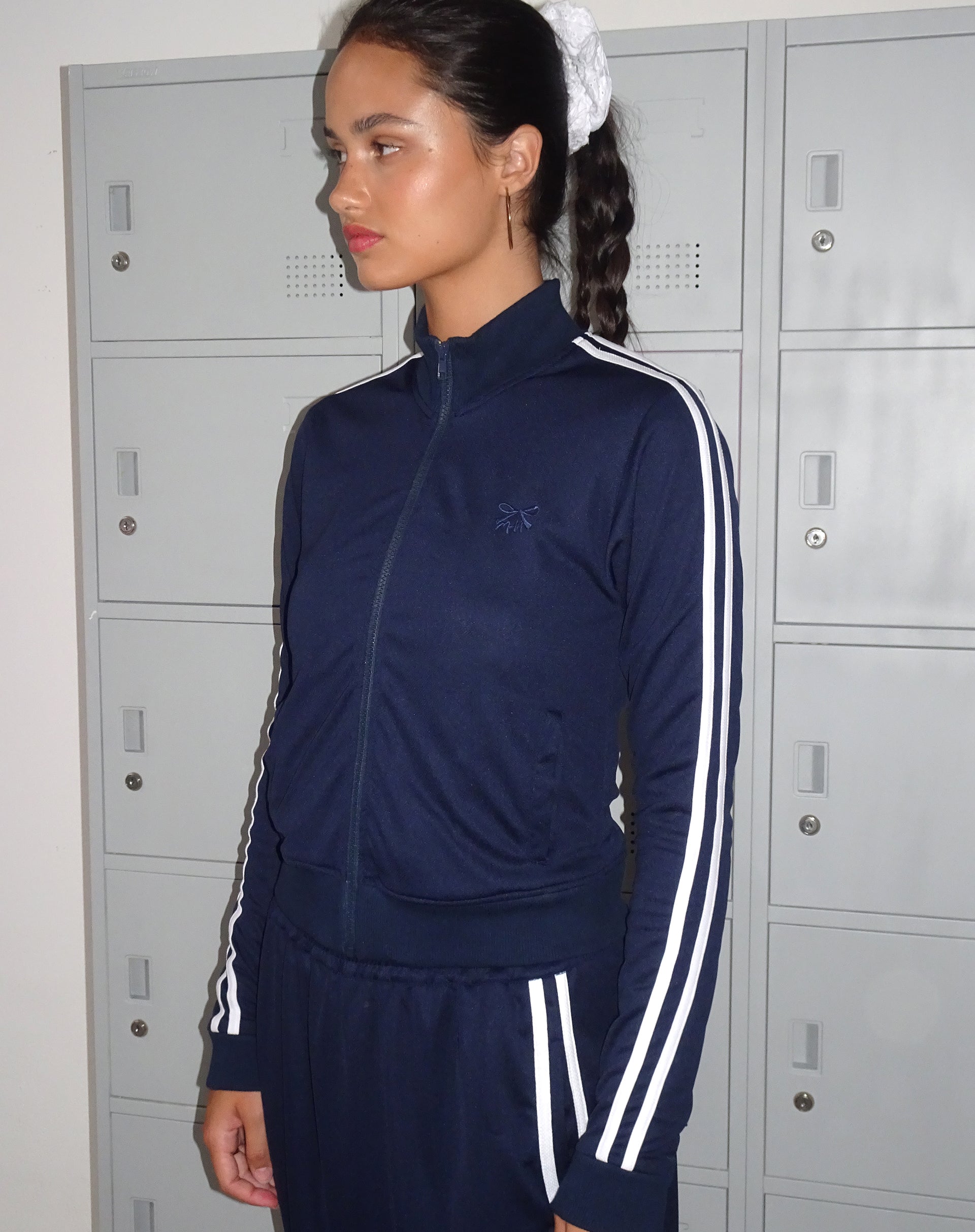 Image of Orion Zip Up Jumper in Navy with White Stripes and M Embroidery