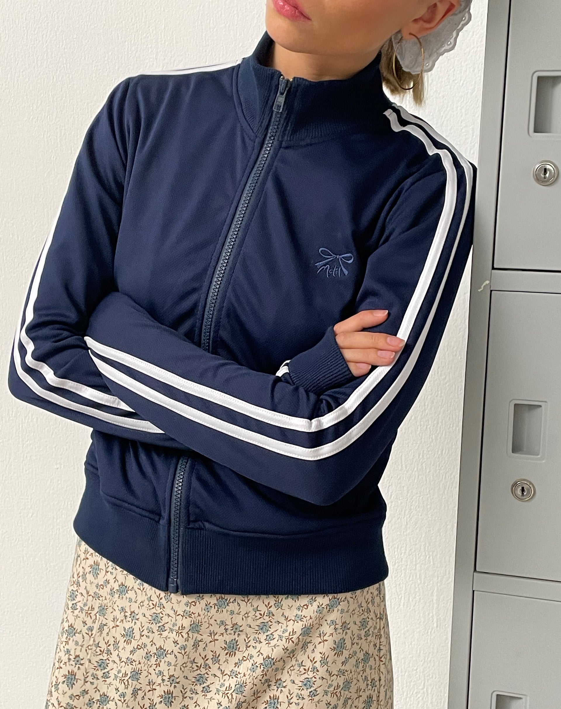 Image of Orion Zip Up Jumper in Navy with White Stripes and M Embroidery