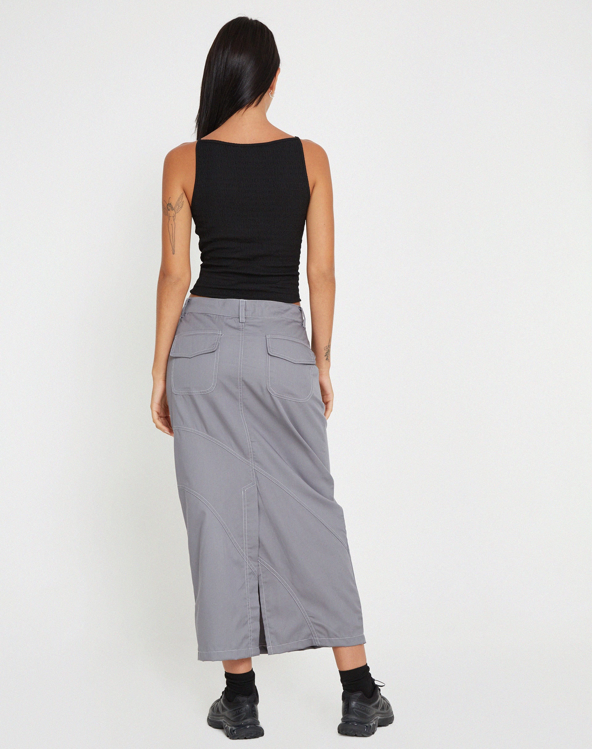 image of Reese Cargo Midi Skirt in Charcoal Grey with White Stitch