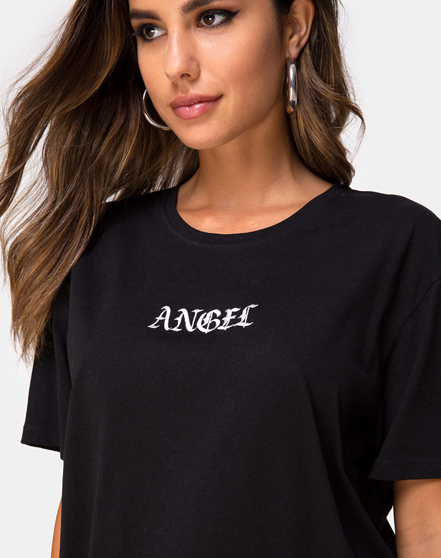 Image of Oversize Basic Tee in Black with Angel Embro