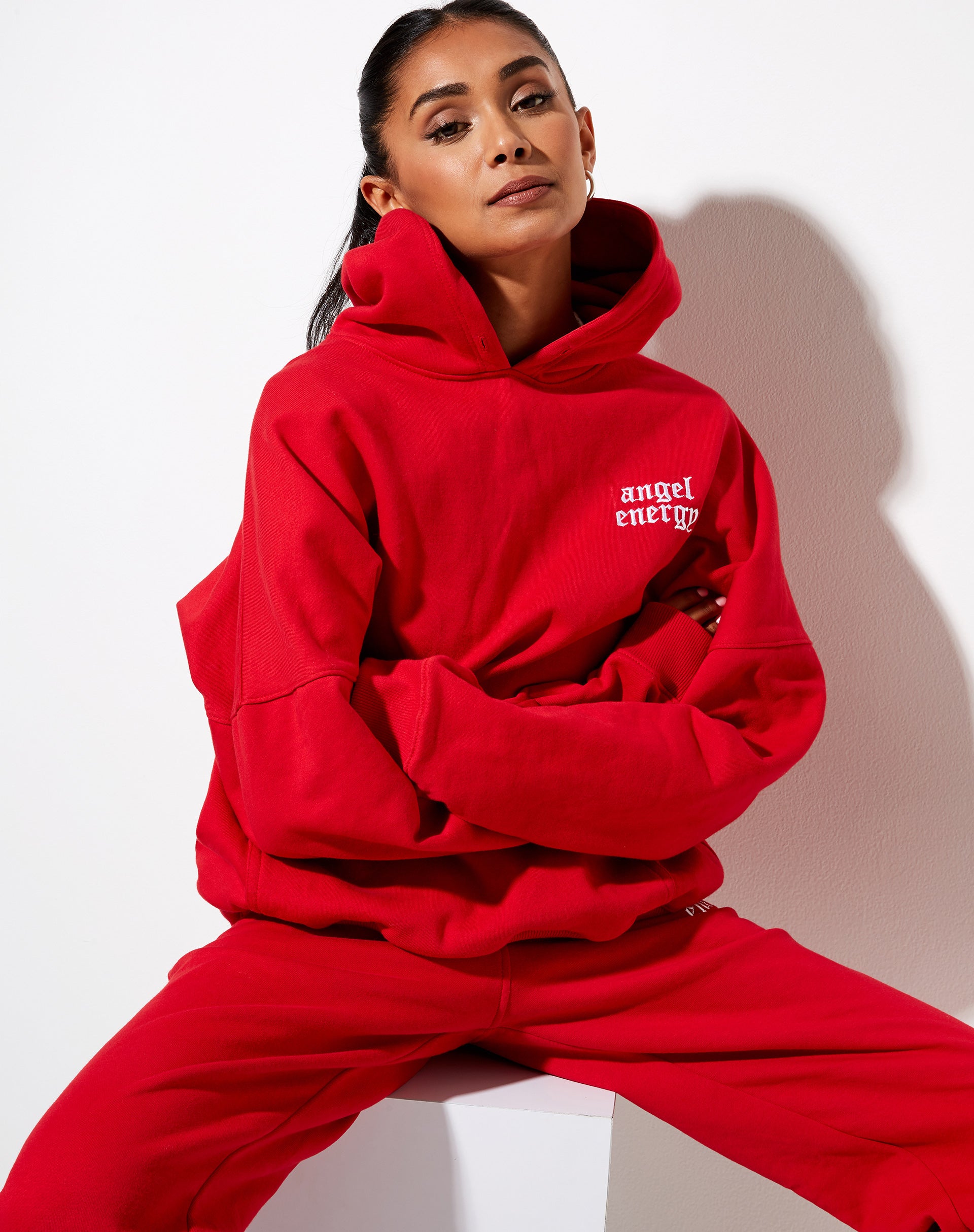 Red Hoodie with White Angel Energy Embroidery Oversize Hoodie motelrocks