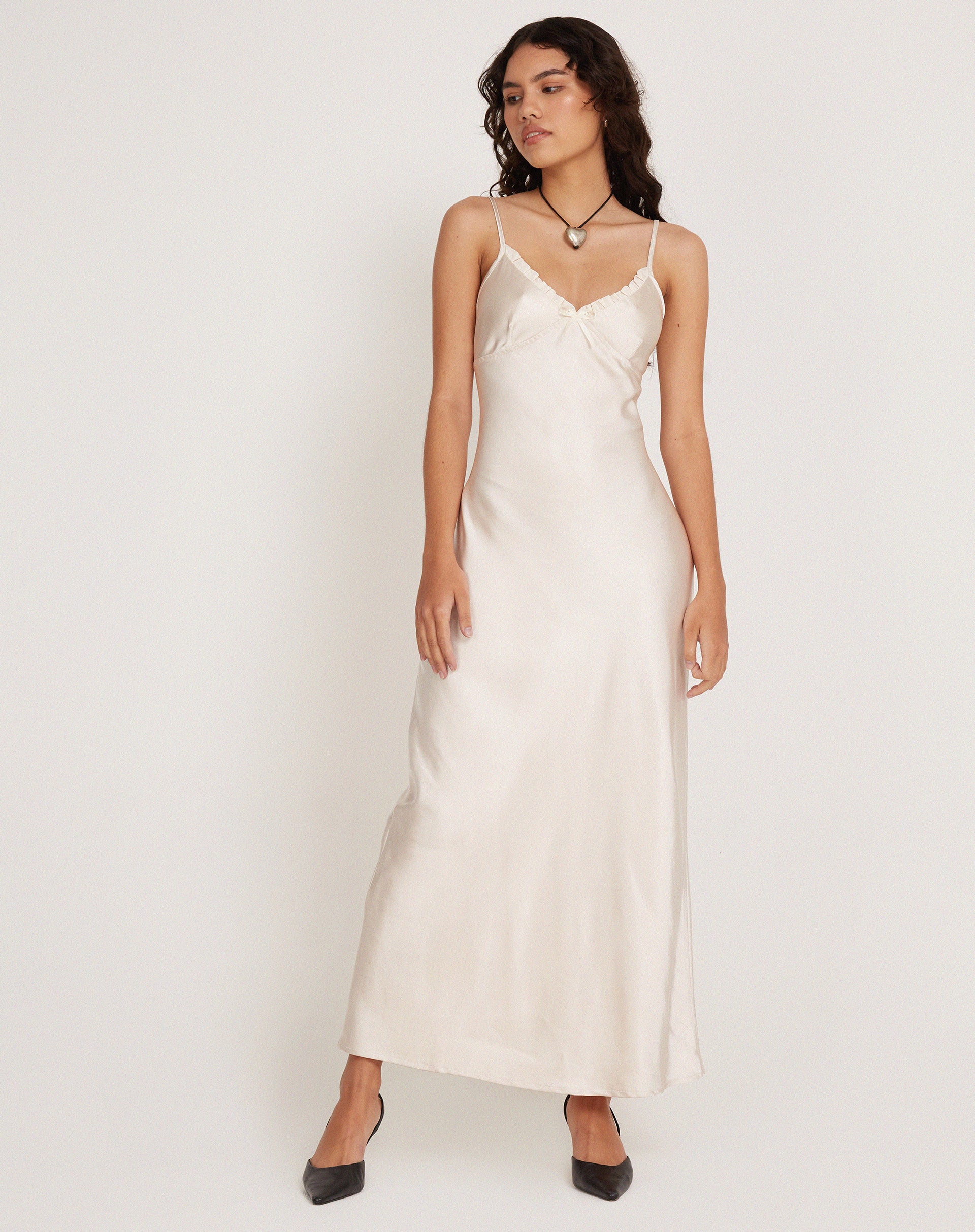 Satin Pearled Ivory Midi Dress | Padil – motelrocks.com