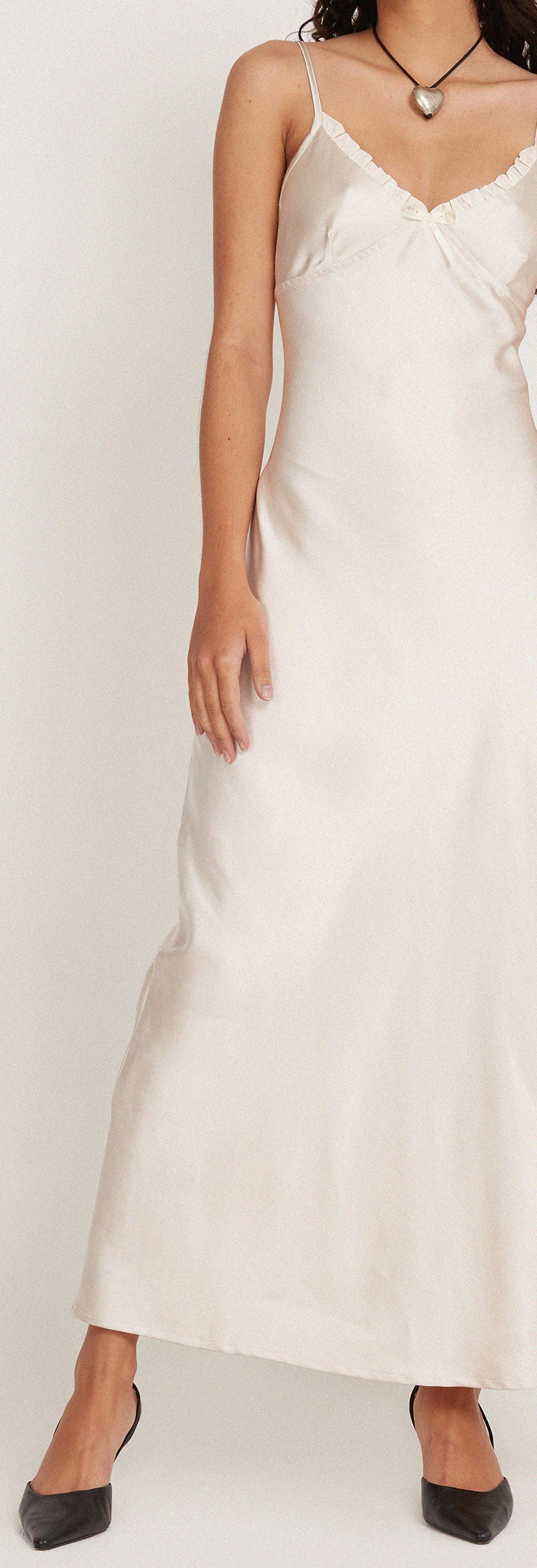 Satin Pearled Ivory Midi Dress | Padil – motelrocks.com
