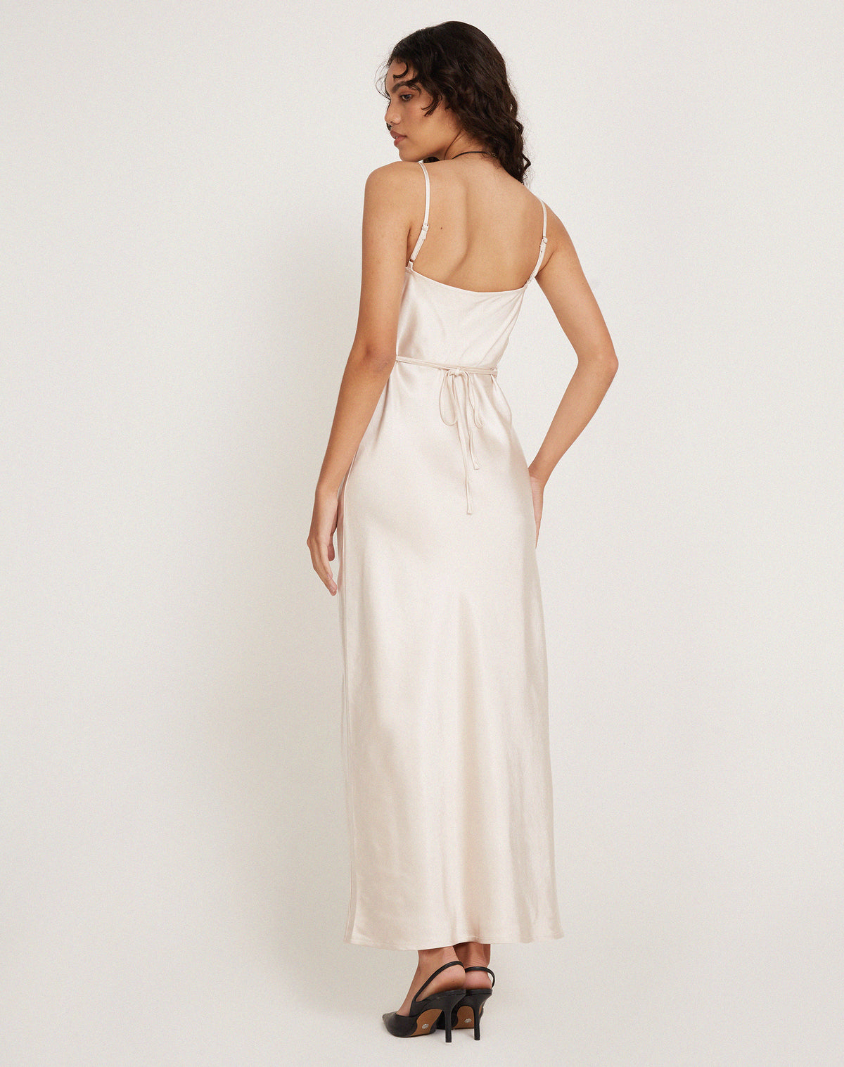 Satin Pearled Ivory Midi Dress | Padil – motelrocks.com