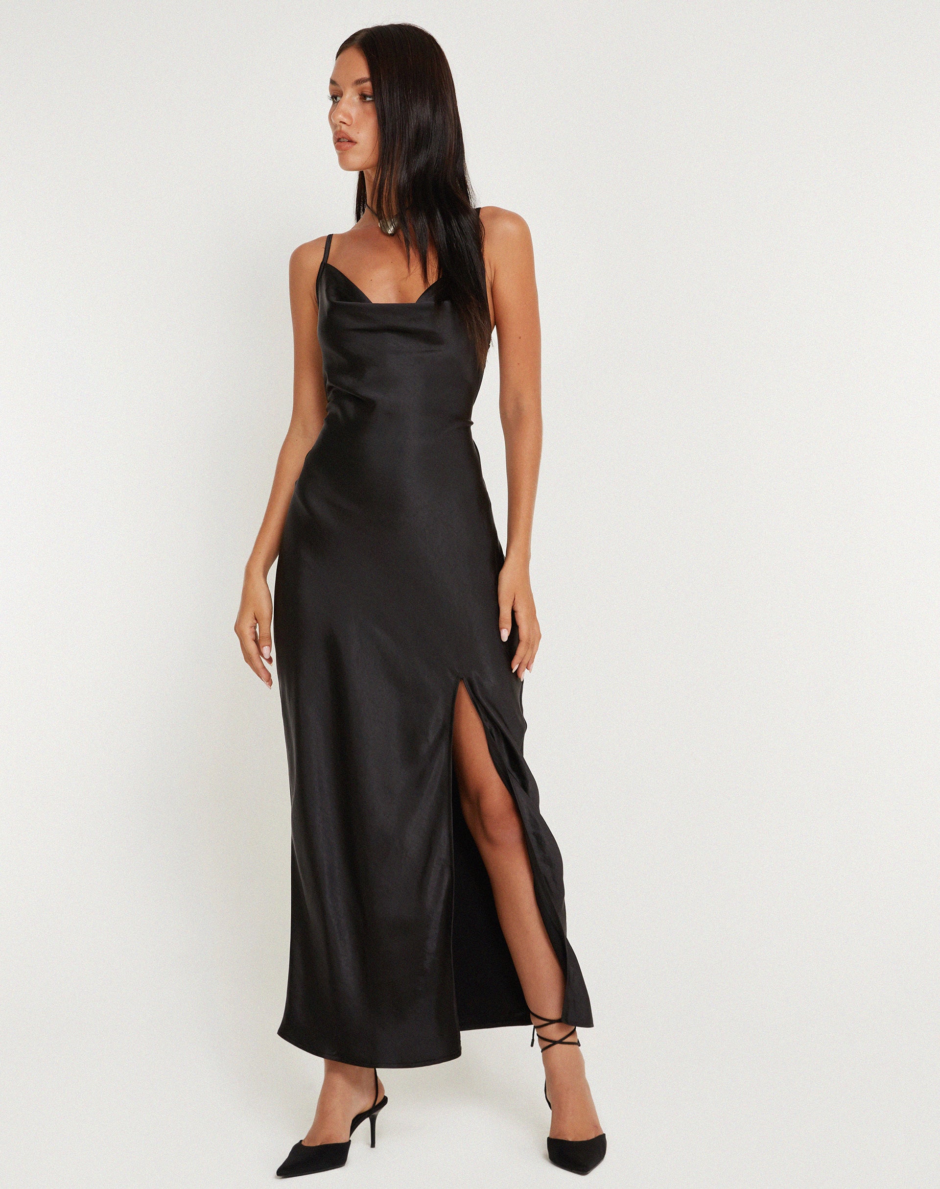 Black satin cowl maxi dress on sale