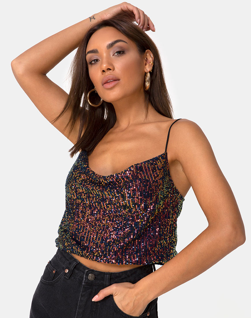 Image of Paima Strappy Top in Drape Net Sequin Iridescent Burgundy