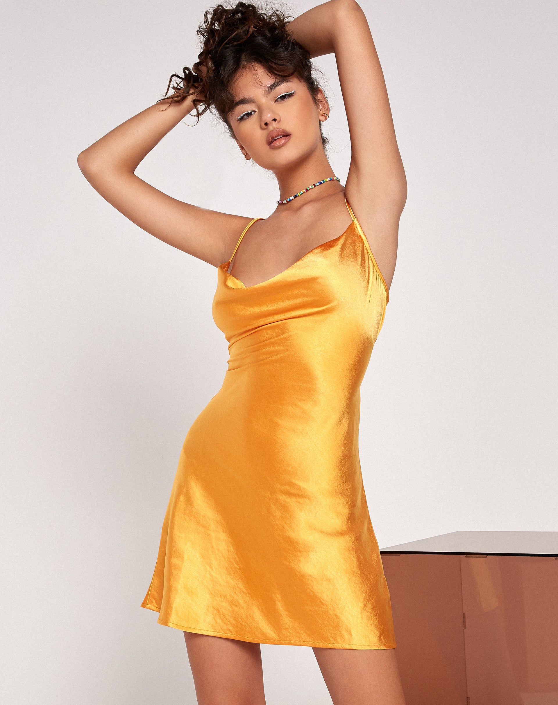 golden orange satin cowl lace up bodycon dress ASOS DESIGN washed satin cowl neck maxi dress with lace details in orange