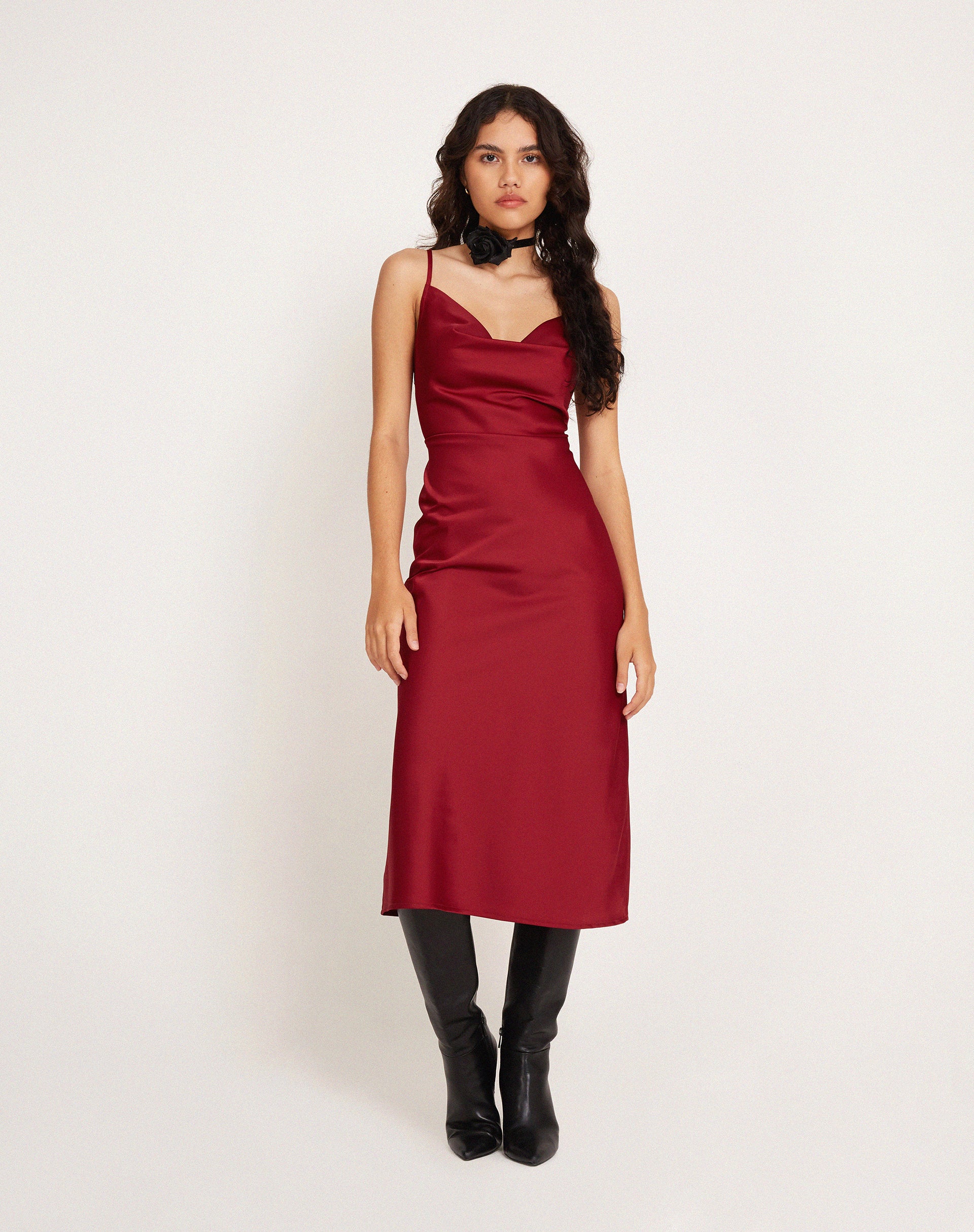 Satin Red Cowl Neck Midi Dress Palasha motelrocks