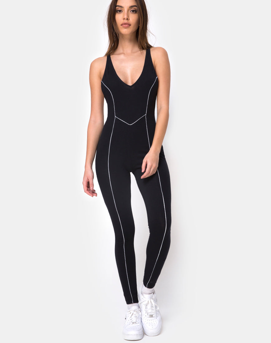 Pion Plunge Catsuit in Black with Piping Line