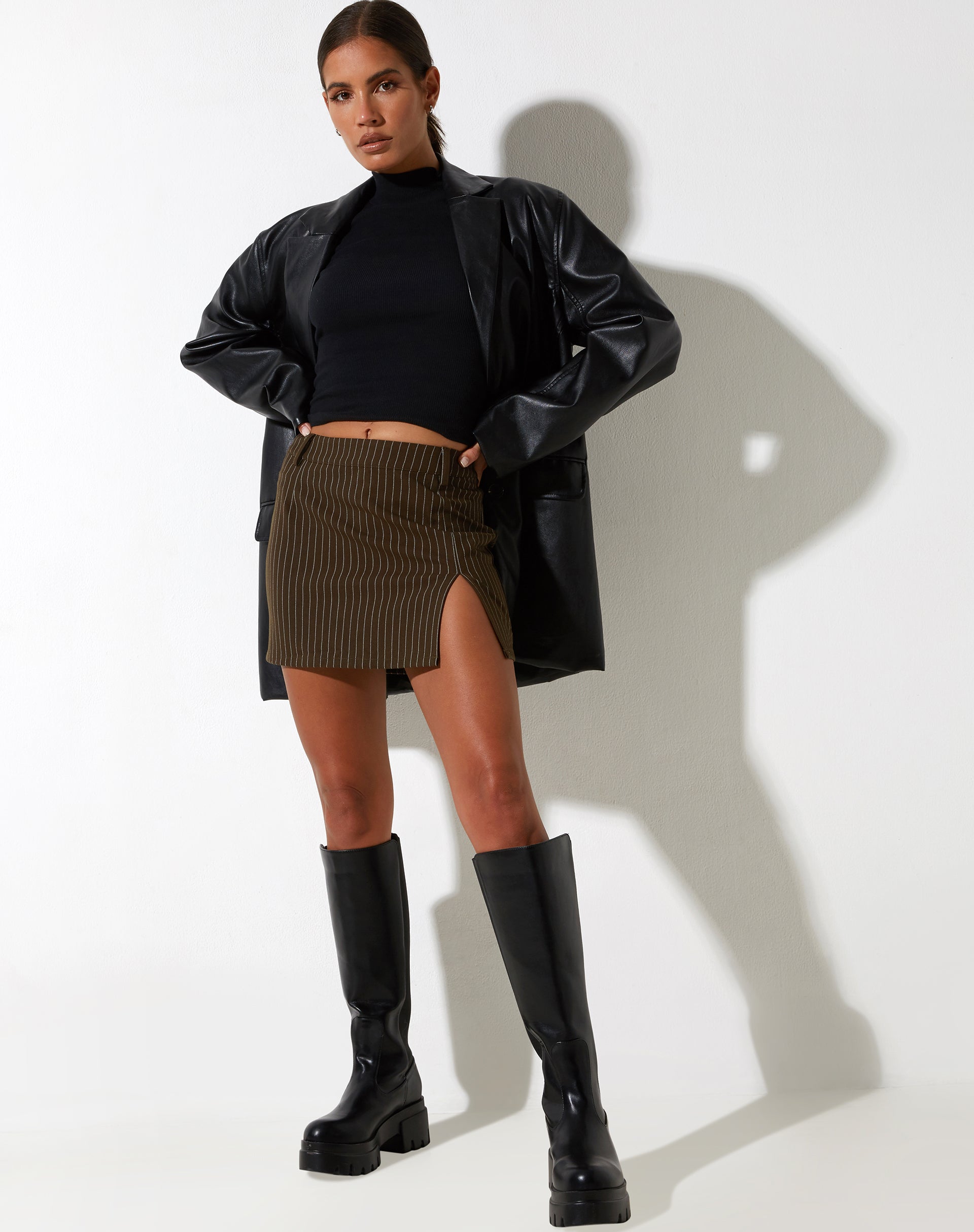 Brown Pinstripe Side Split Mini Skirt | Pita – motelrocks.com