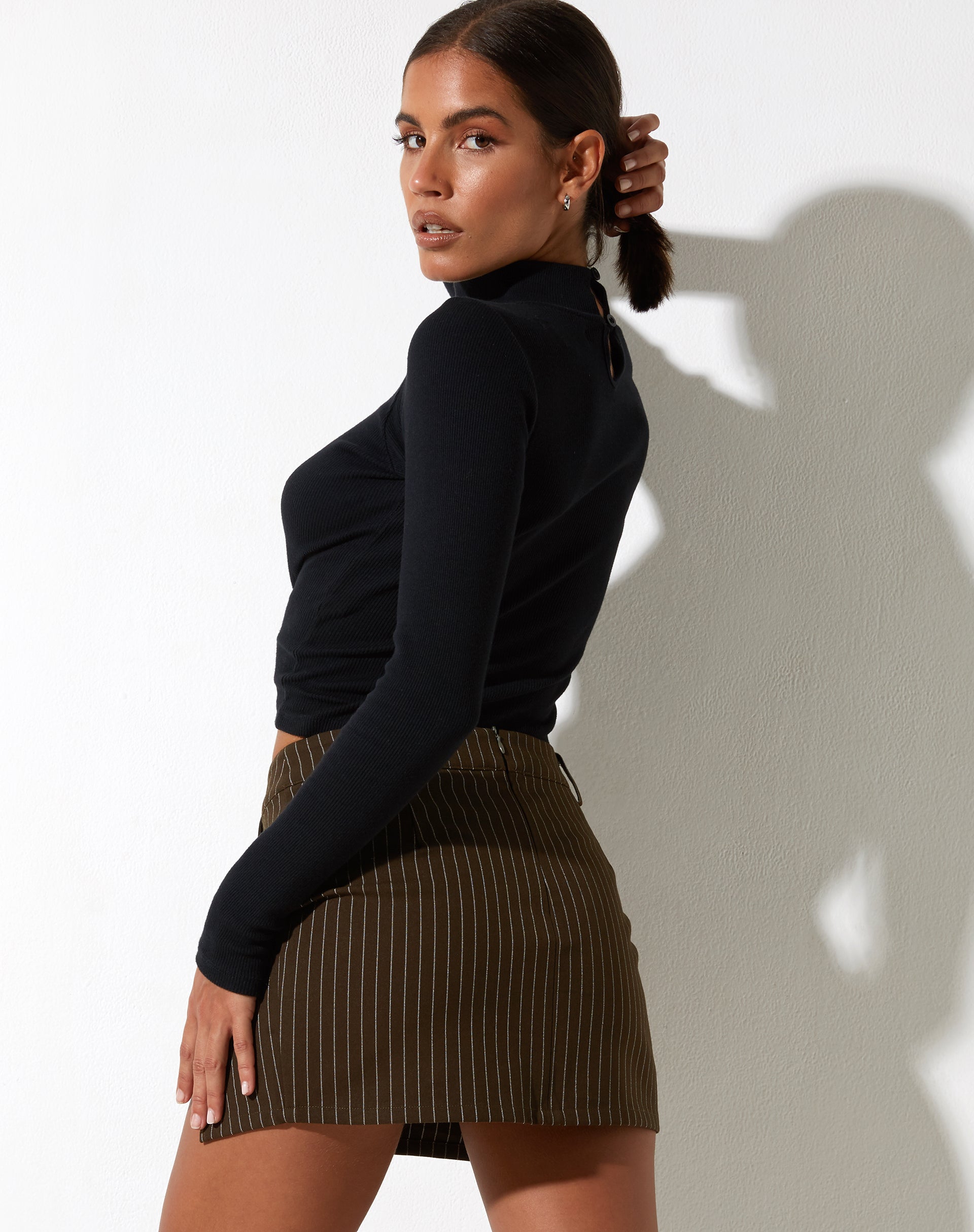Brown Pinstripe Side Split Mini Skirt Pita motelrocks