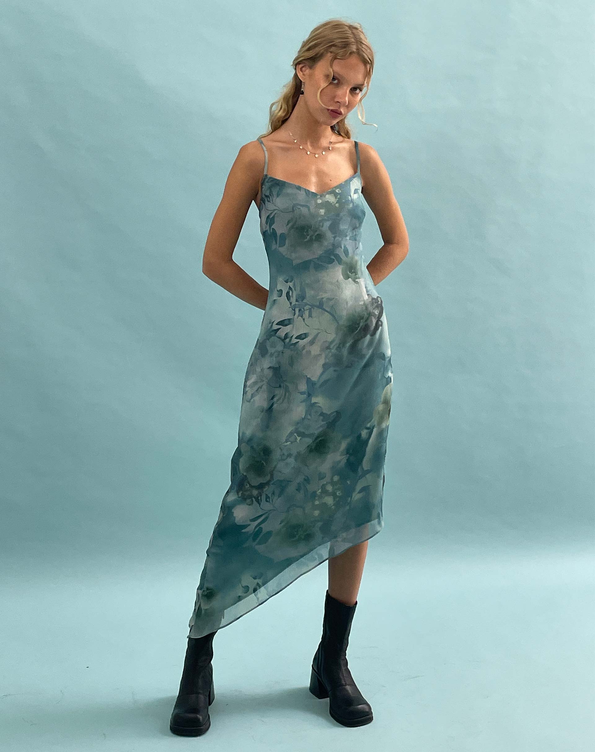 image of Preston Midi Dress in Watercolour Floral Blue