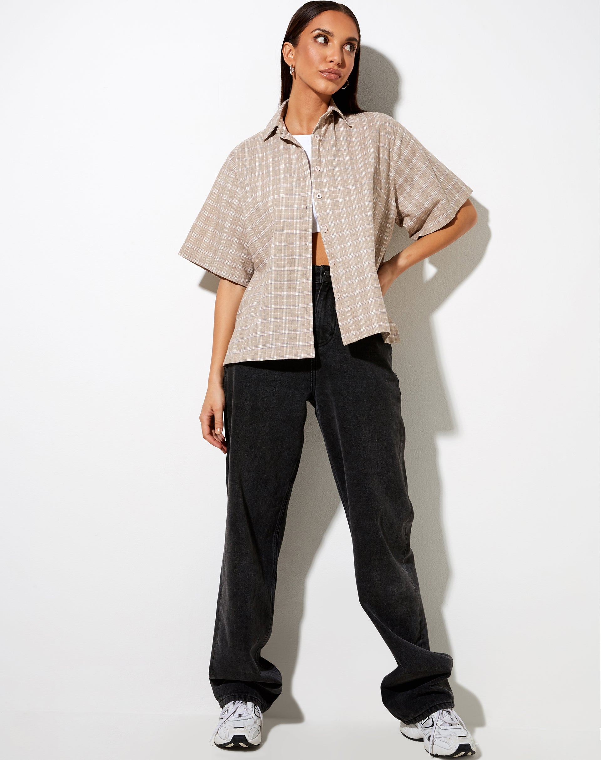 Short Sleeve Beige and White Check Shirt Pride – - Main Image