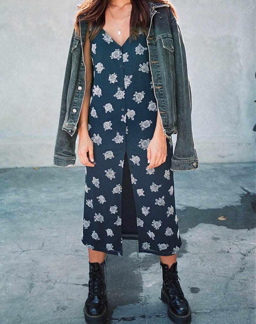 Image of Sini Slip Midi Dress in Rose Flock Black Mesh