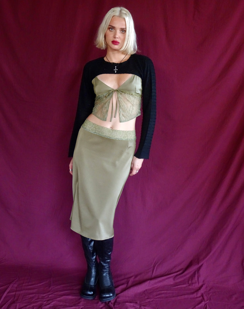 Golda Midi Skirt in Satin Avocado
