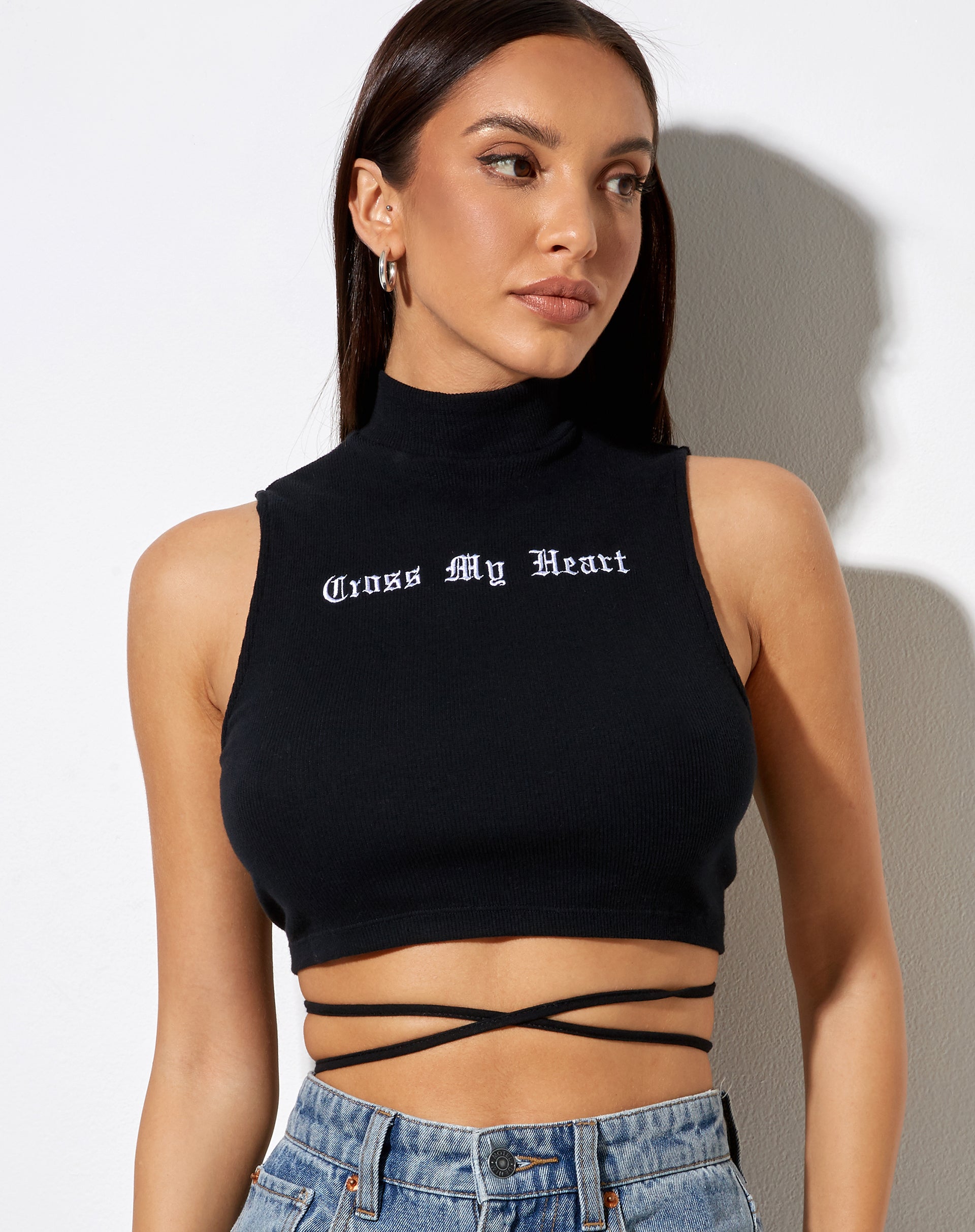 Image of Quera Crop Top in Black Cross My Heart Embro