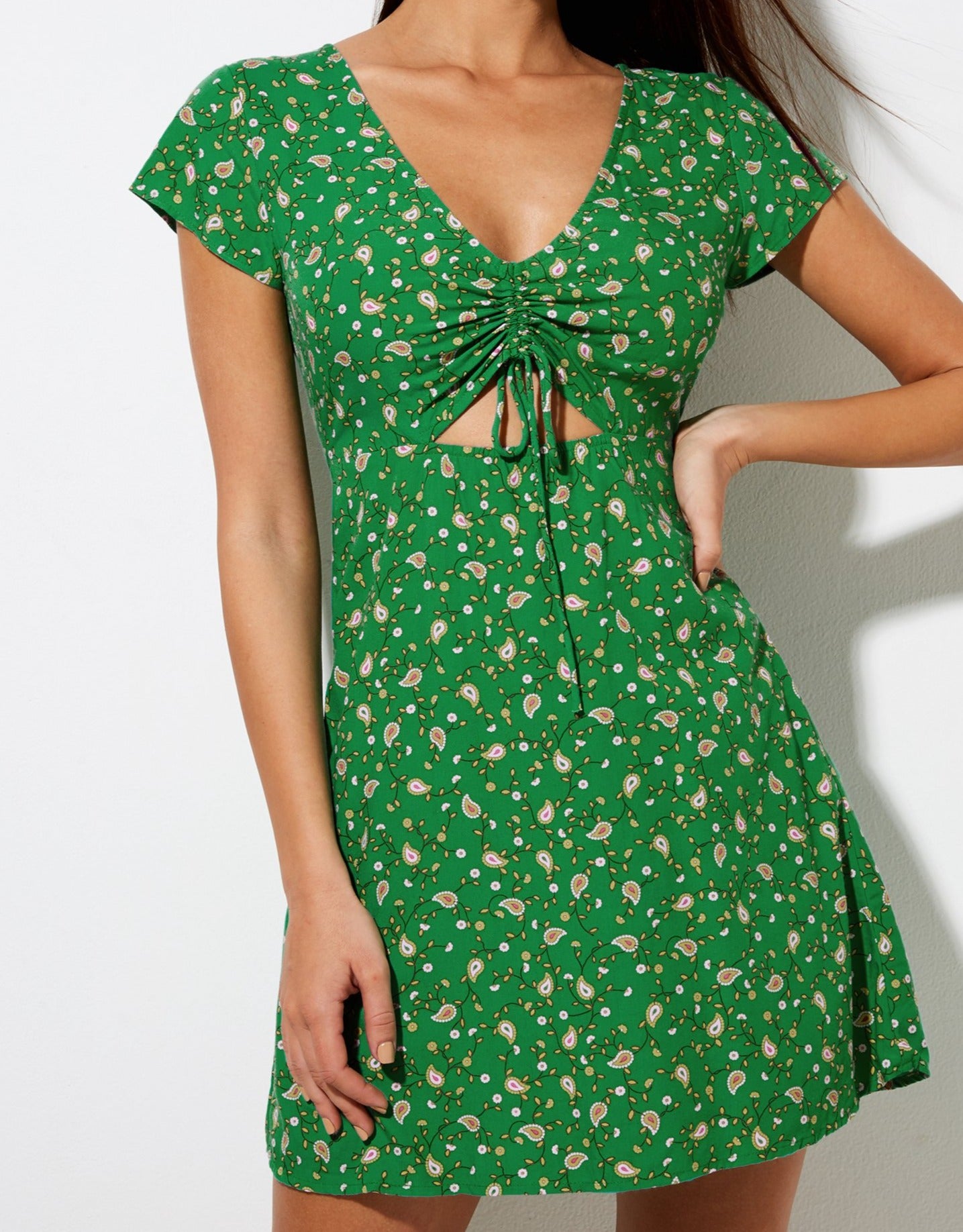 Green Paisley Print Short Sleeve A-Line Mini Dress | Raela motelrocks.com Green Paisley Print Short Sleeve A-Line Mini Dress | Raela motelrocks.com